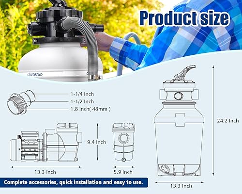 Miniatura 6 de Sistema de filtro de arena de 13" con bomba de piscina de válvula de 6 vías 2500 GPH fácil de usar para piscinas sobre el suelo