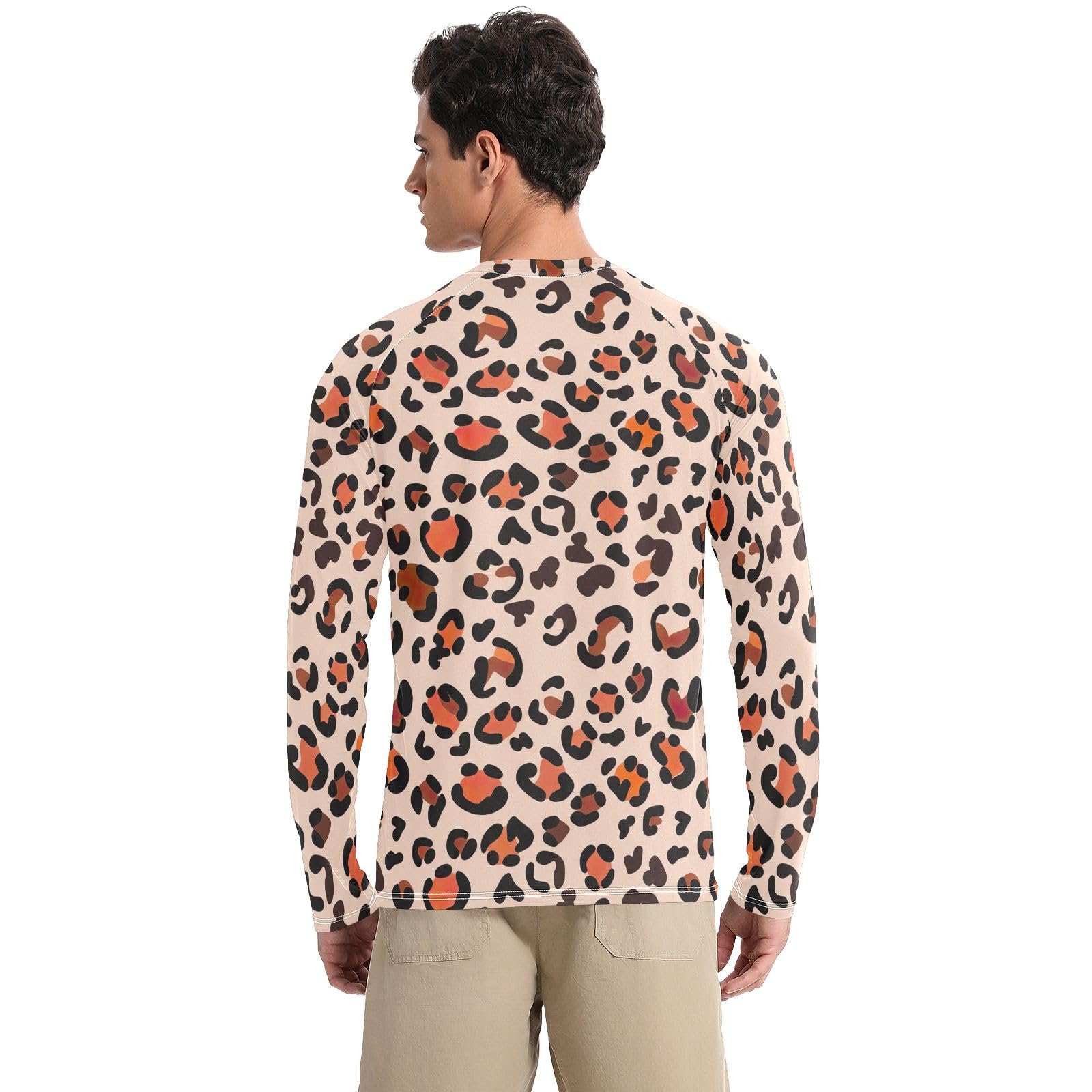 UPF 50+ Men's Rash Guard Quick Dry Long Sleeve Fishing Hiking T-Shirts Sun Protection Sun Shirt, Black Orange Leopard, XX-Large