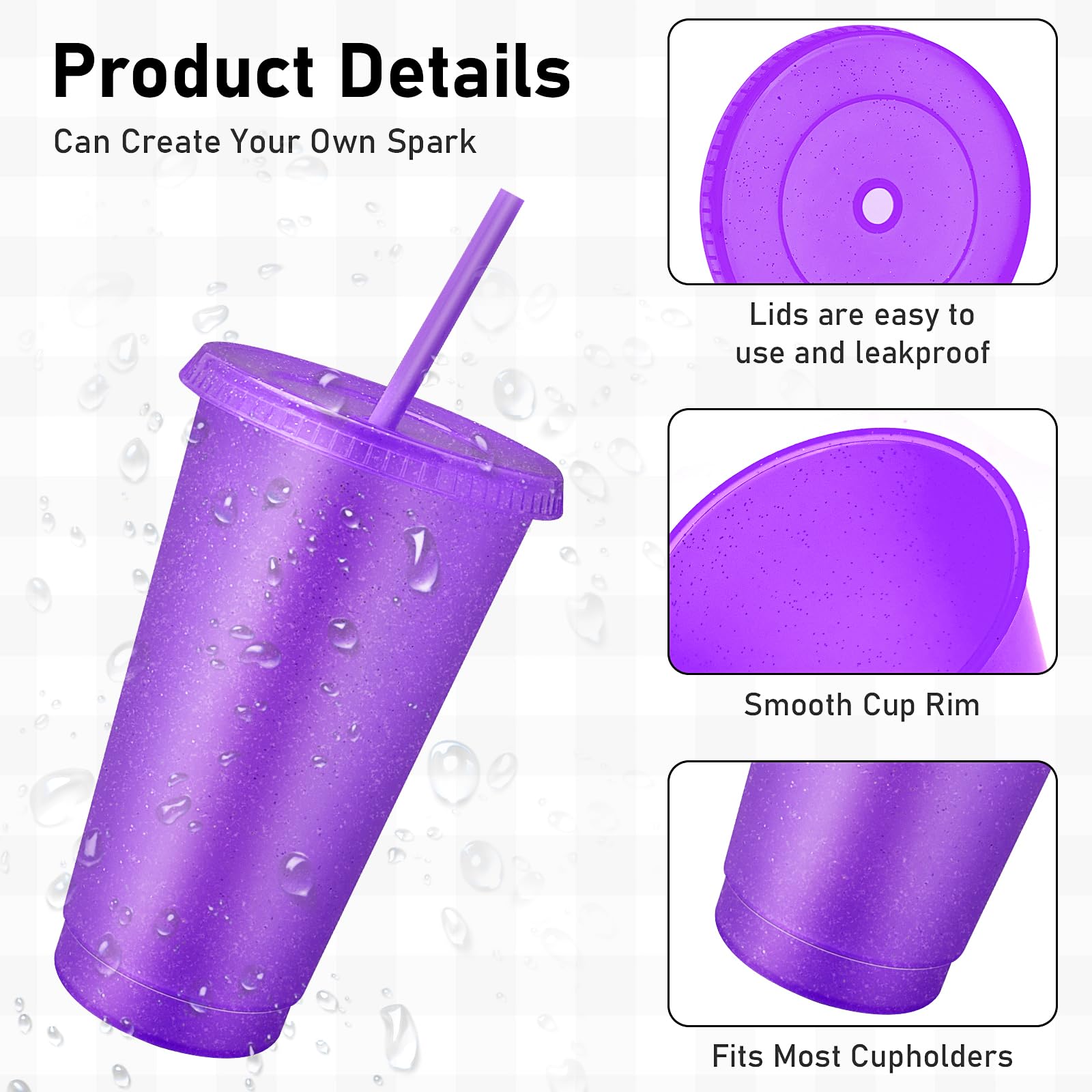 Lot de 24 gobelets réutilisables avec couvercles et pailles, gobelets de voyage en plastique pailleté pour smoothie, jus de fruits, anniversaire, soirée pyjama, fête (violet)
