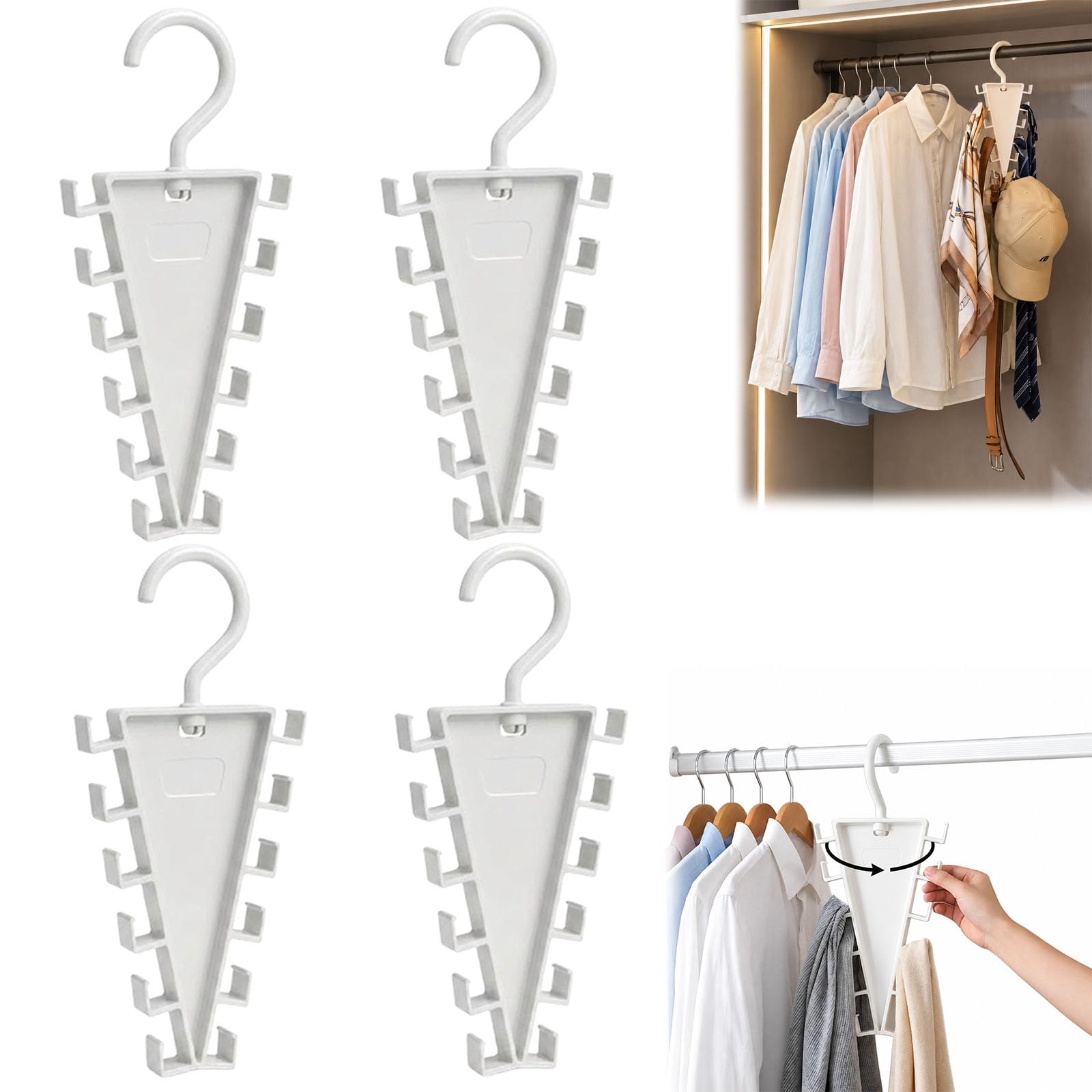 V-Shape 12-Hook Rotating Hanger, 360° Rotating Multi-Layer Vertical Clothes Storage Rack, Space Saving Organizer for Hats, Scarves, Belts, Bags and Ties (4pcs)