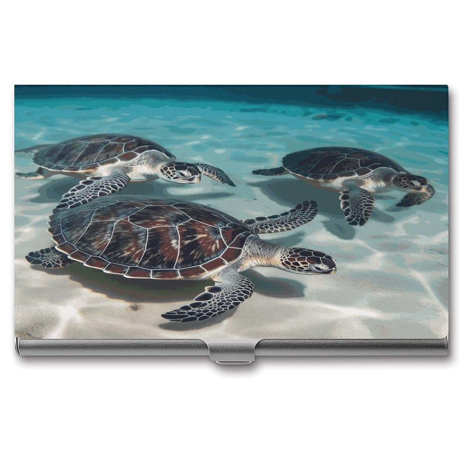 LDGSUPH Sea Turtles Business Card Holder Fashion Slim Name Card Holder Minimalist Design Case Metal Card Carrier Personalized Business Card Case with Flip for Men Women