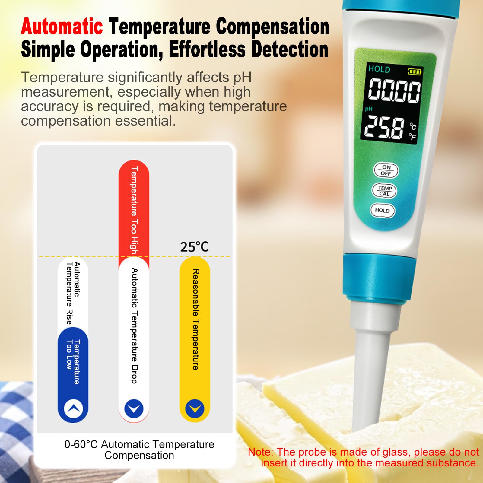 Jectse Probador de PH para Cosméticos, Medidor de PH Digital con Pantalla de Temperatura, Pantalla LCD Retroiluminada, Compensación Automática de Temperatura, Kit de PH de Alimentos