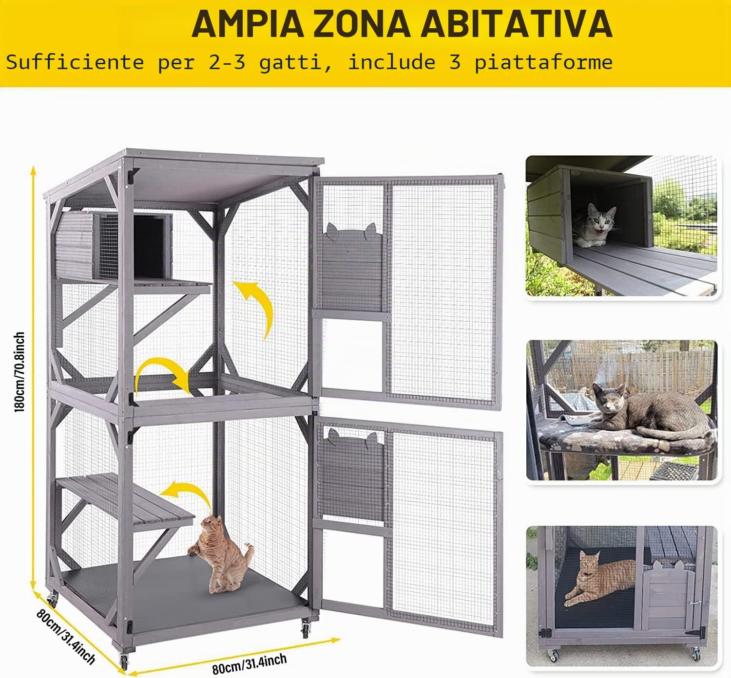 Casetta per gatti in legno per interni ed esterni, grande gabbia per gatti su ruote, gabbia Catio con striscia di legno rinforzata, tetto impermeabile