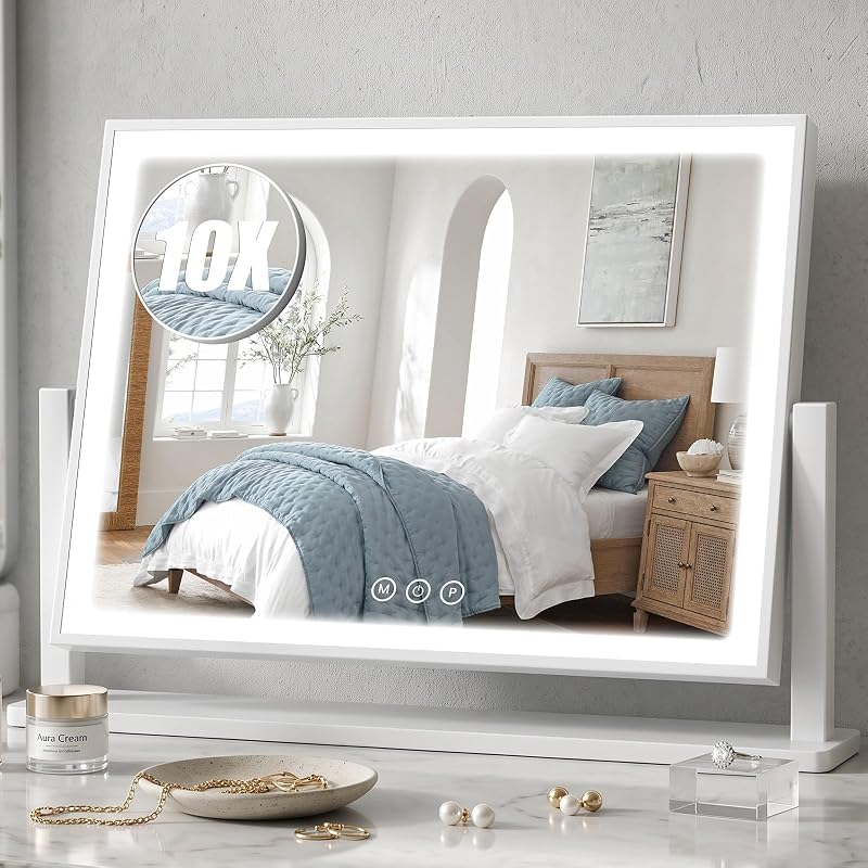 Espelho de maquiagem Bearolve com iluminação LED, 43,18 cm x 30,99 cm, moldura arredondada, ampliação 10X, toque inteligente, 3 cores de luz, rotação de 360°, branco