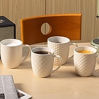 CROWNWOW 16 oz Coffee Mugs Set of 4 - Porcelain Ceramic Farmhouse Cups with Unique Embossed Patterns & Comfort Handles