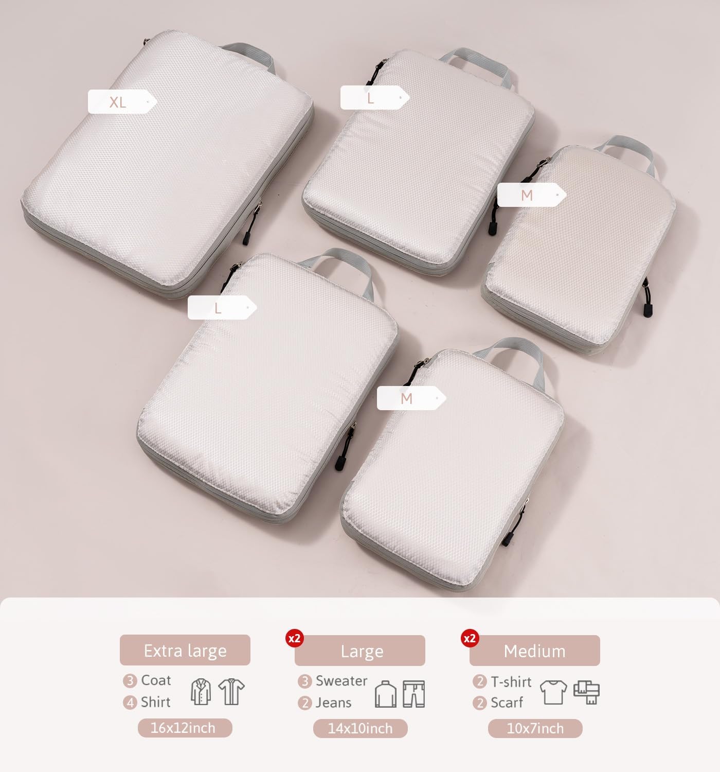 Meowoo Compression Packing Cubes for Suitcases, 5Pcs Extensible Suitcase Organiser, Lightweight Travel Luggage Organizer Packing Bags Storage Bags Travel Essentials Bag（Beige) image 5