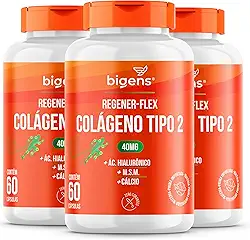 Regener Flex, Colágeno tipo 2 40mg, ácido hialurônico, M.S.M, Cálcio, Bigens, Kit 3x 60 cápsulas