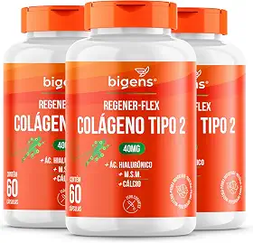 Regener Flex, Colágeno tipo 2 40mg, ácido hialurônico, M.S.M, Cálcio, Bigens, Kit 3x 60 cápsulas