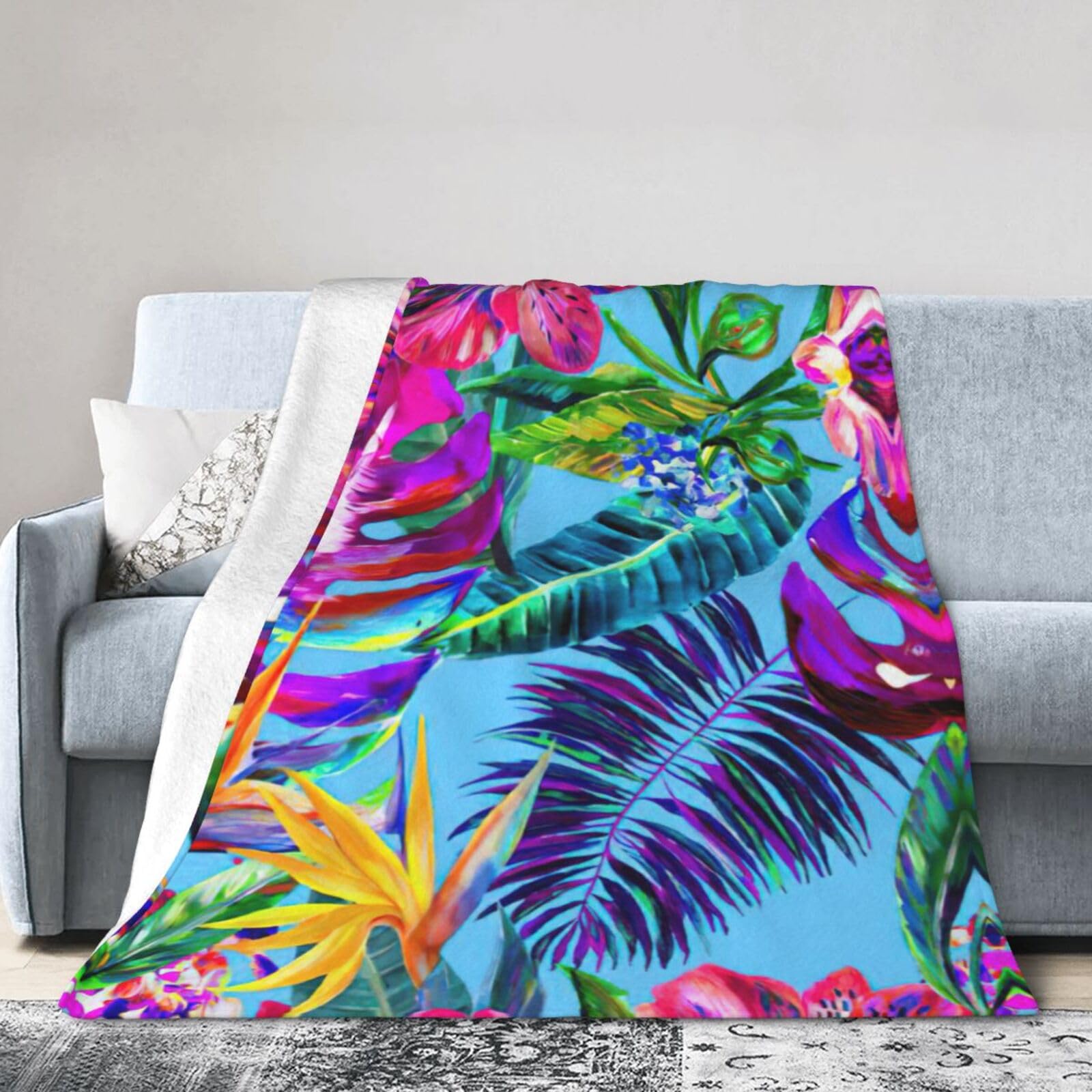 Soft Cosy Fleece Warm Throw Pink Flower Tropical Plant Print Blanket