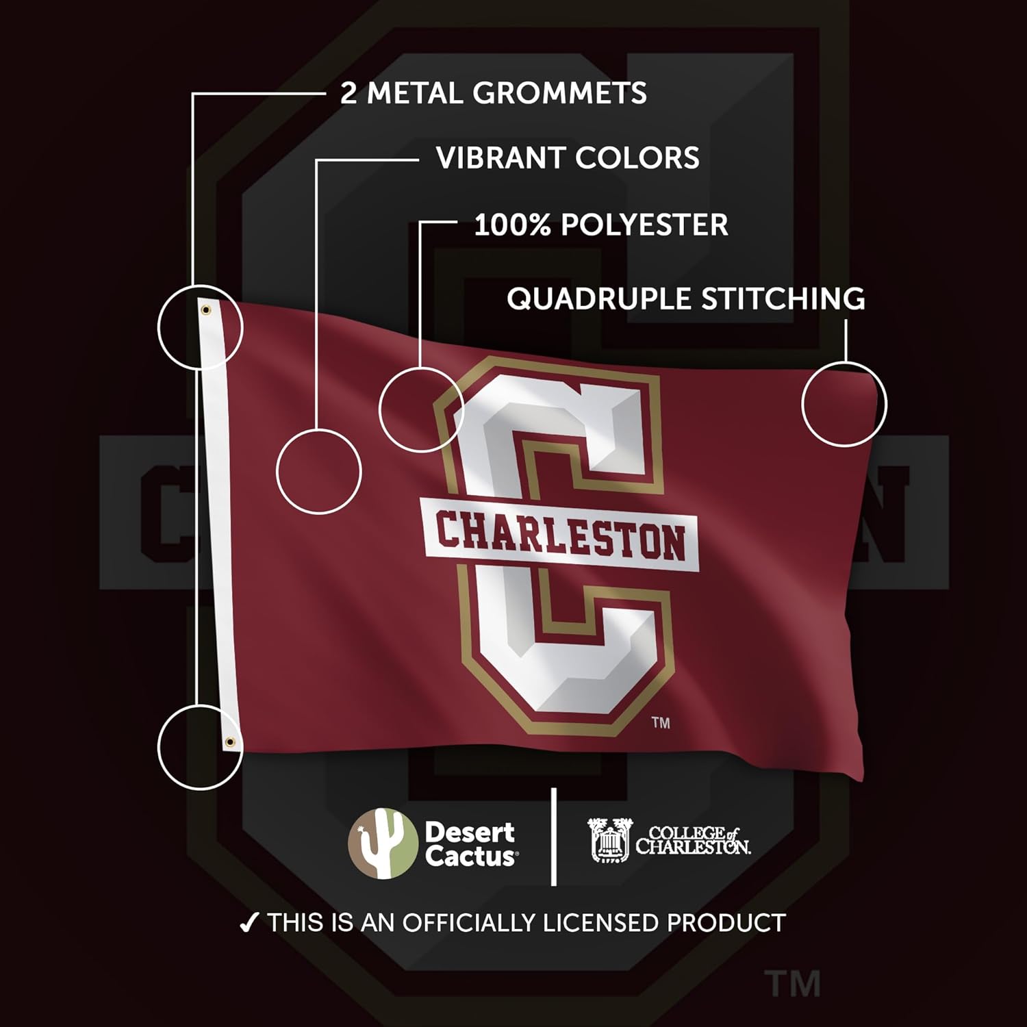 Desert Cactus College of Charleston CC Flag - 3 x 5 Feet Cougars Banner, Indoor/Outdoor Durable Fabric, 100% Polyester Design (Style 3) - Image 4