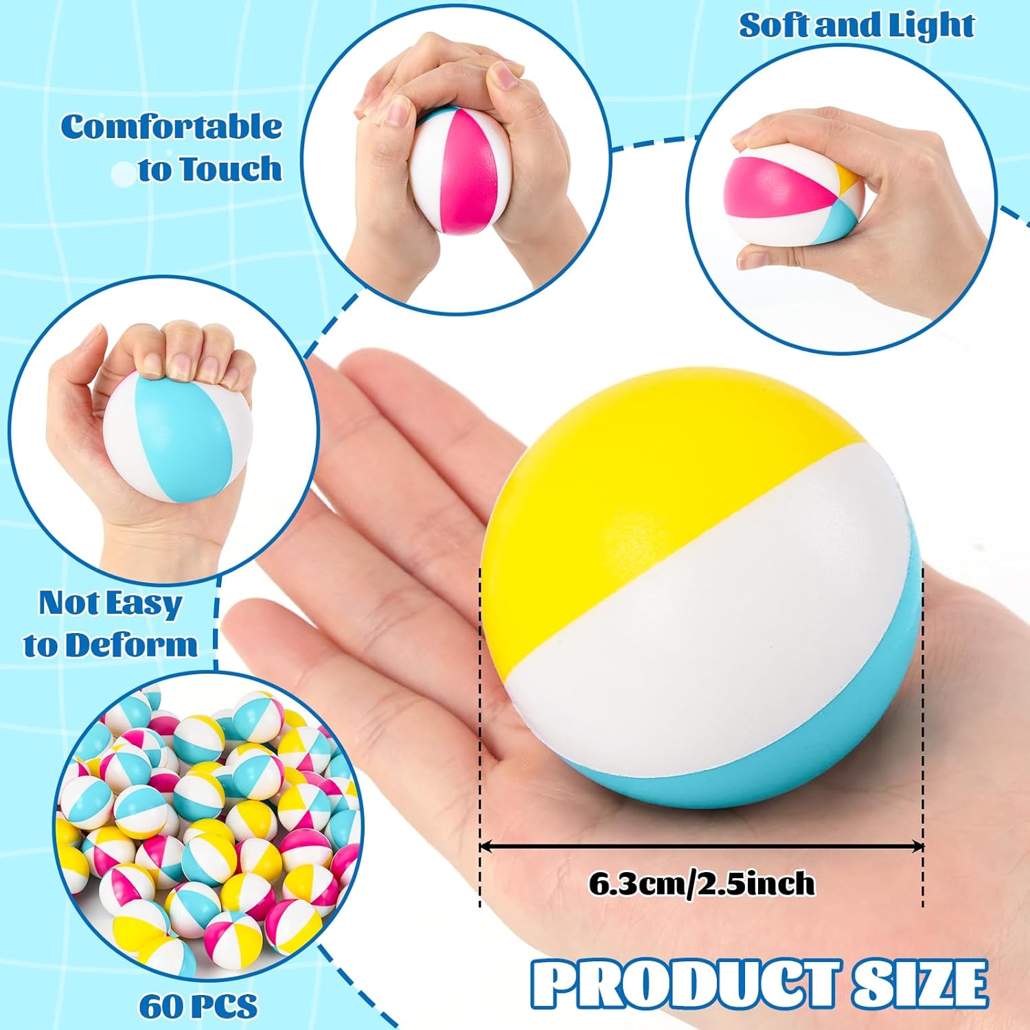 60 Pcs Beach Stress Balls Bulk 2.5" Mini Relief Stress Ball Pu Foam Squeezy Balls Summer Swimming Pool Game Toy Rainbow Beach Ball for Hawaiian Beach Birthday Party Favor School Carnival Reward