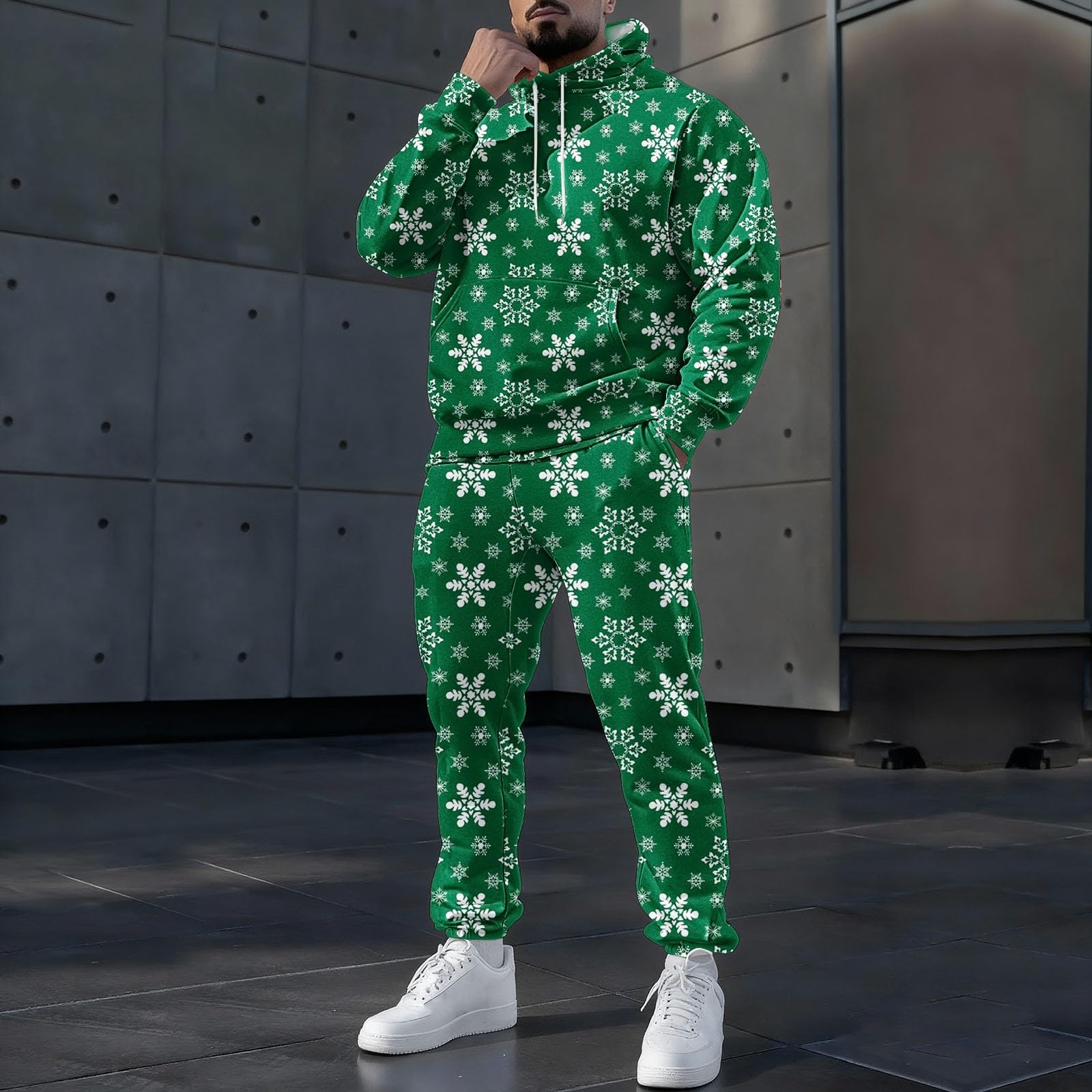 Tute da uomo con stampa grafica natalizia, set da 2 pezzi, con cappuccio e pantaloni della tuta, casual, per Natale, atletica, autunno, inverno, attività all'aperto