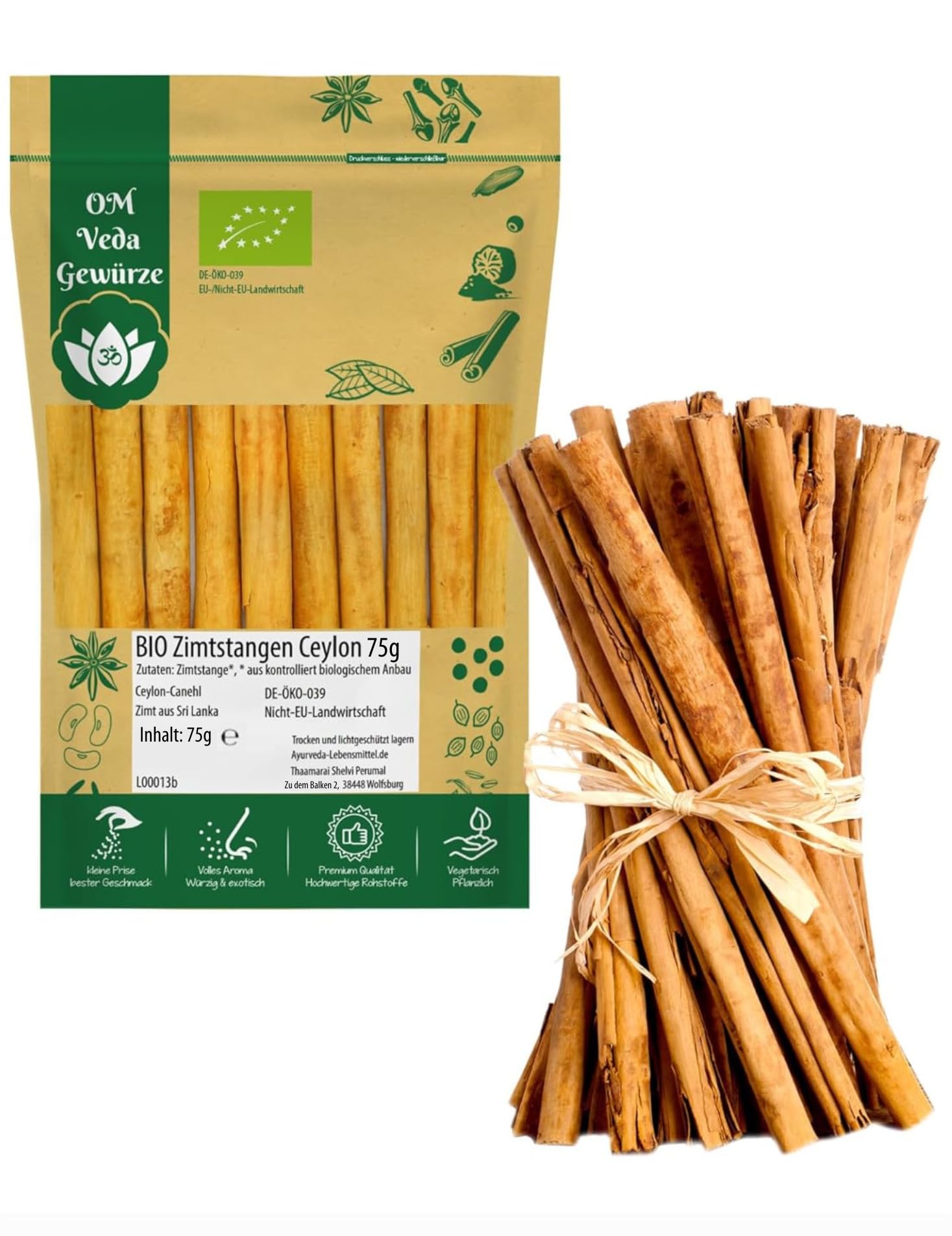 BIO Zimt Ceylon Zimtstangen Ganz 75g | Echter Zimt Canehl aus Sri Lanka | Organic Bio-zertifiziert DE-ÖKO-039 | Cinnamon | Für Küche und Tee | OmVeda