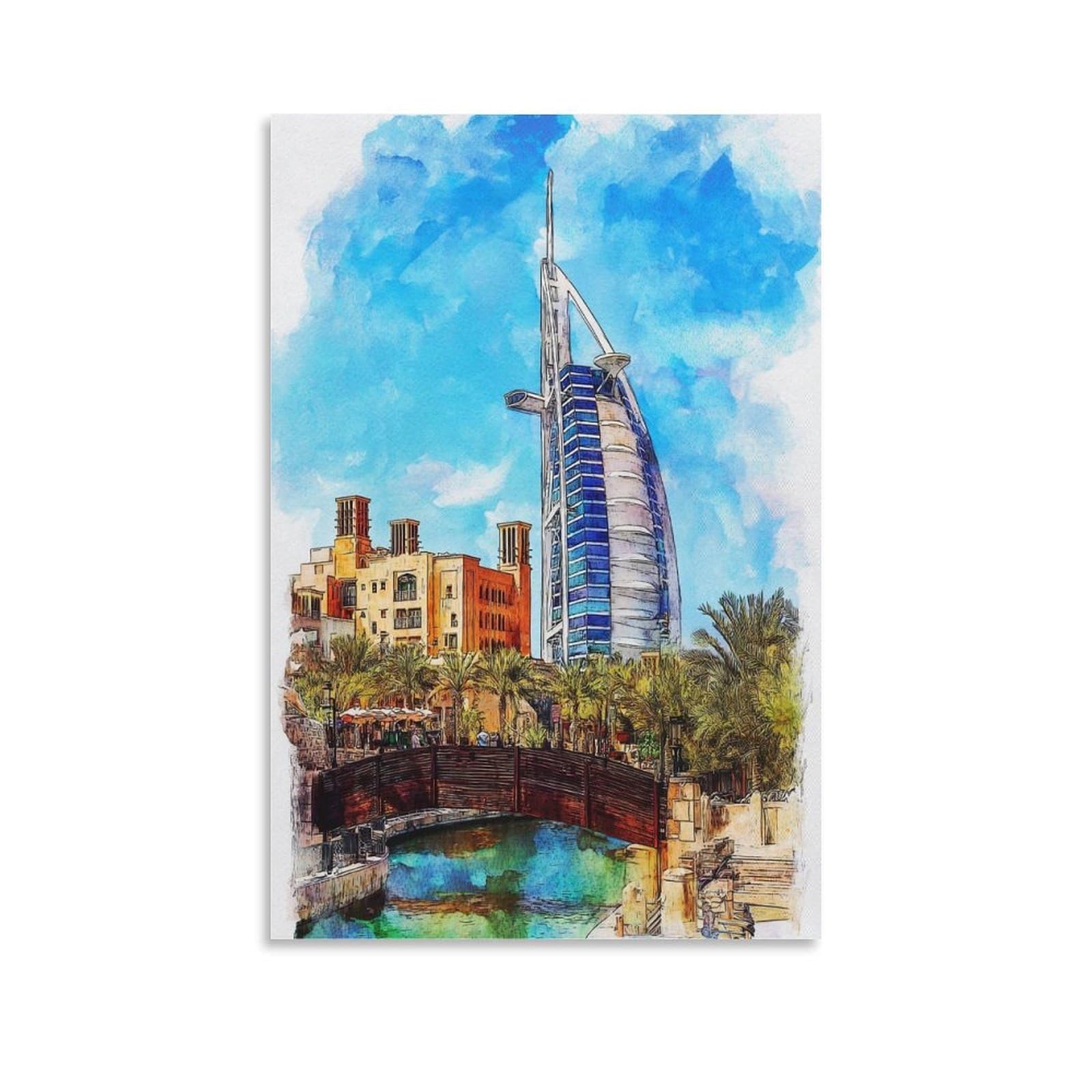 Lcynnh Unframe-Style Dubai Burj Al Arab 24X36inch(60X90cm) Vintage Travel Poster Watercolor Canvas Art