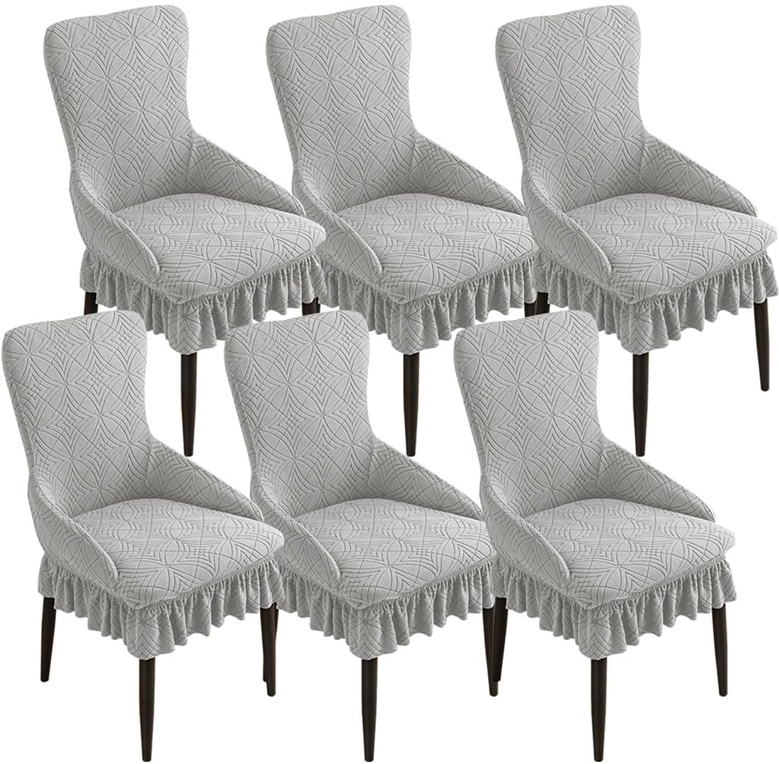 Wingback Chair Cover Thickened Jacquard Wingback Dining Chair Covers with Skirt Stretch Washable Wingback Chair Slipcovers Protector for Dining Room Banquet Home Decor 6Pcs Light Gray