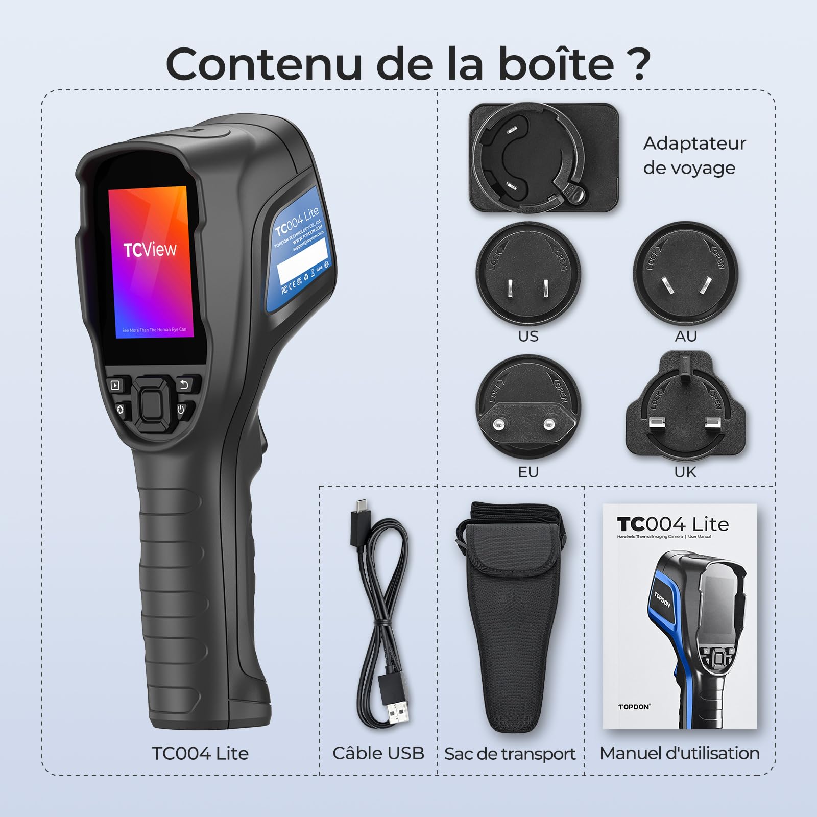 TOPDON Caméra thermique TC004 Lite, résolution thermique 240 x 180, Autonomie de la batterie de 15 heures, Zoom d'image 2X/4X, plage de température:-20 °C à +550 °C