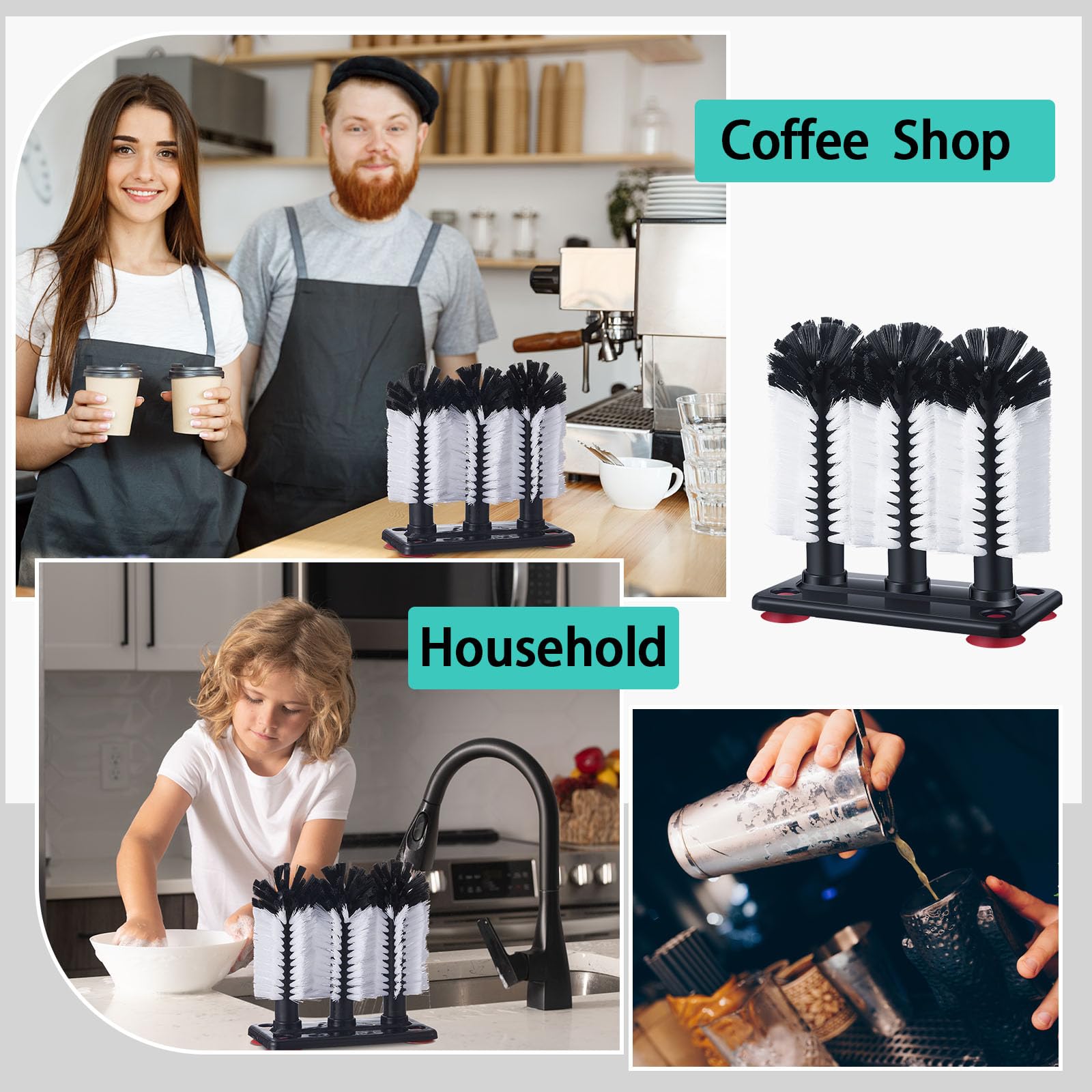 Havawish 1 cepillo de limpieza de botellas de agua con base de succión, barra de cerdas de 3 cabezales para fregadero, limpiador de cepillos para limpiar vasos de cerveza, copas de vino, tazas de