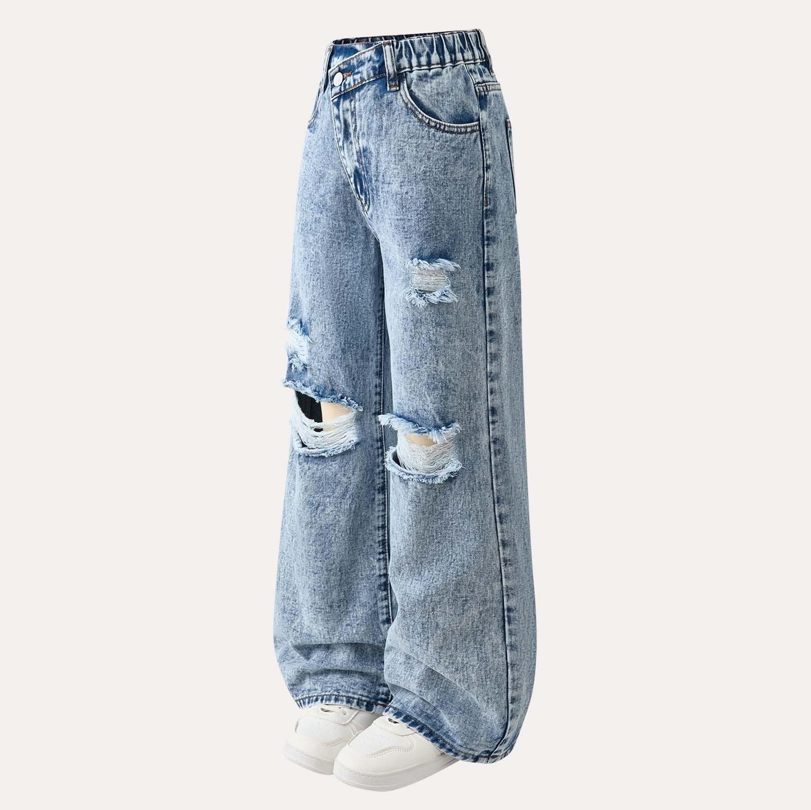 Jeans Ragazza-Pantaloni per Ragazze, Larghi, Larghi, Casual, Effetto Consumato, per Ragazze Adolescenti, con Design Asimmetrico Unico, Comodi da Indossare Tutti I Giorni