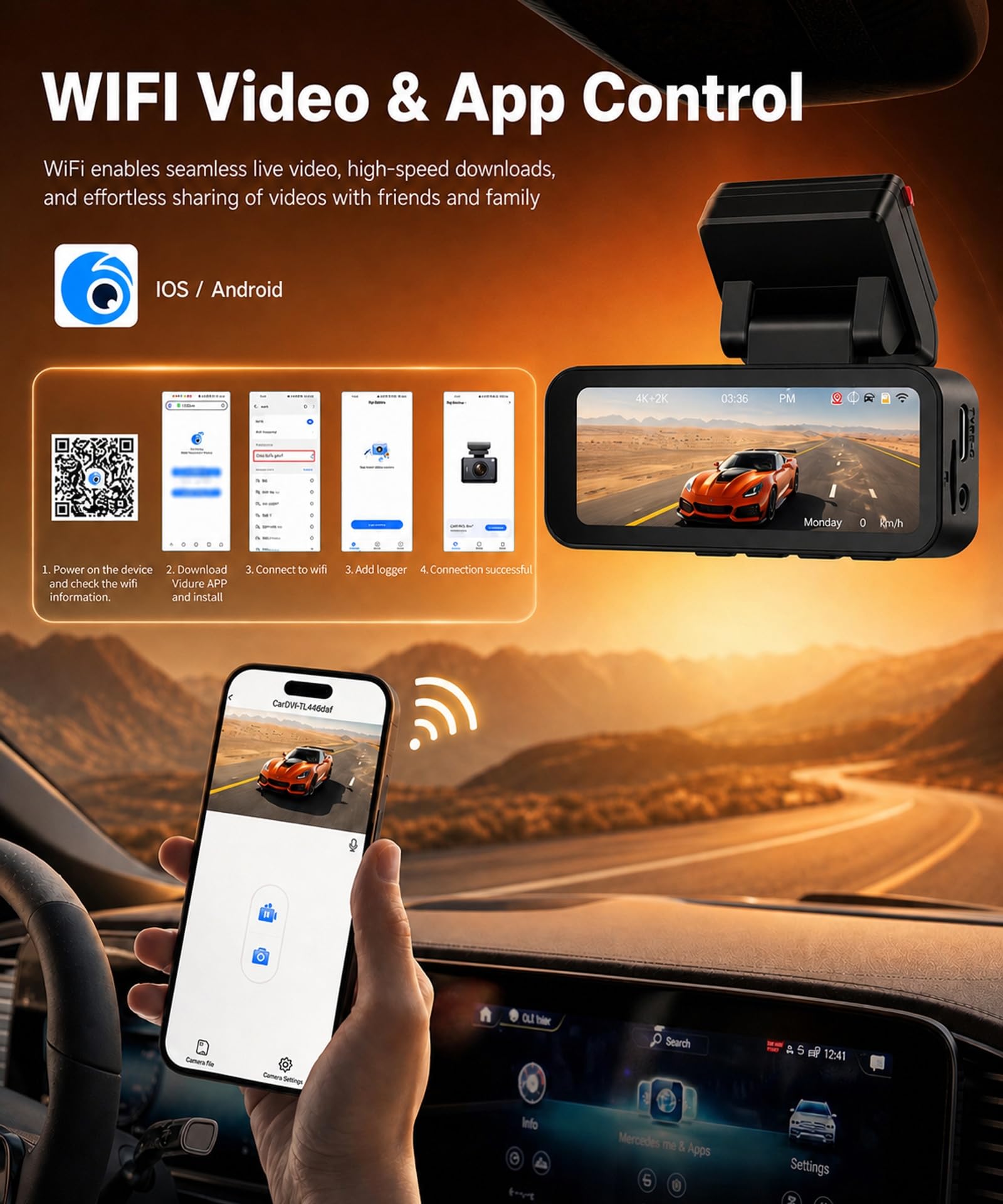 Rimoody Dashcam 4K con GPS, Doppia Telecamera Auto 3.16 Pollici, 4K Frontale + 2K Posteriore, Angolo 150°+120°, WiFi Dual-Band 2.4/5.8GHz, ADAS, Registrazione Ciclica, G-Sensor, Include Scheda 64GB