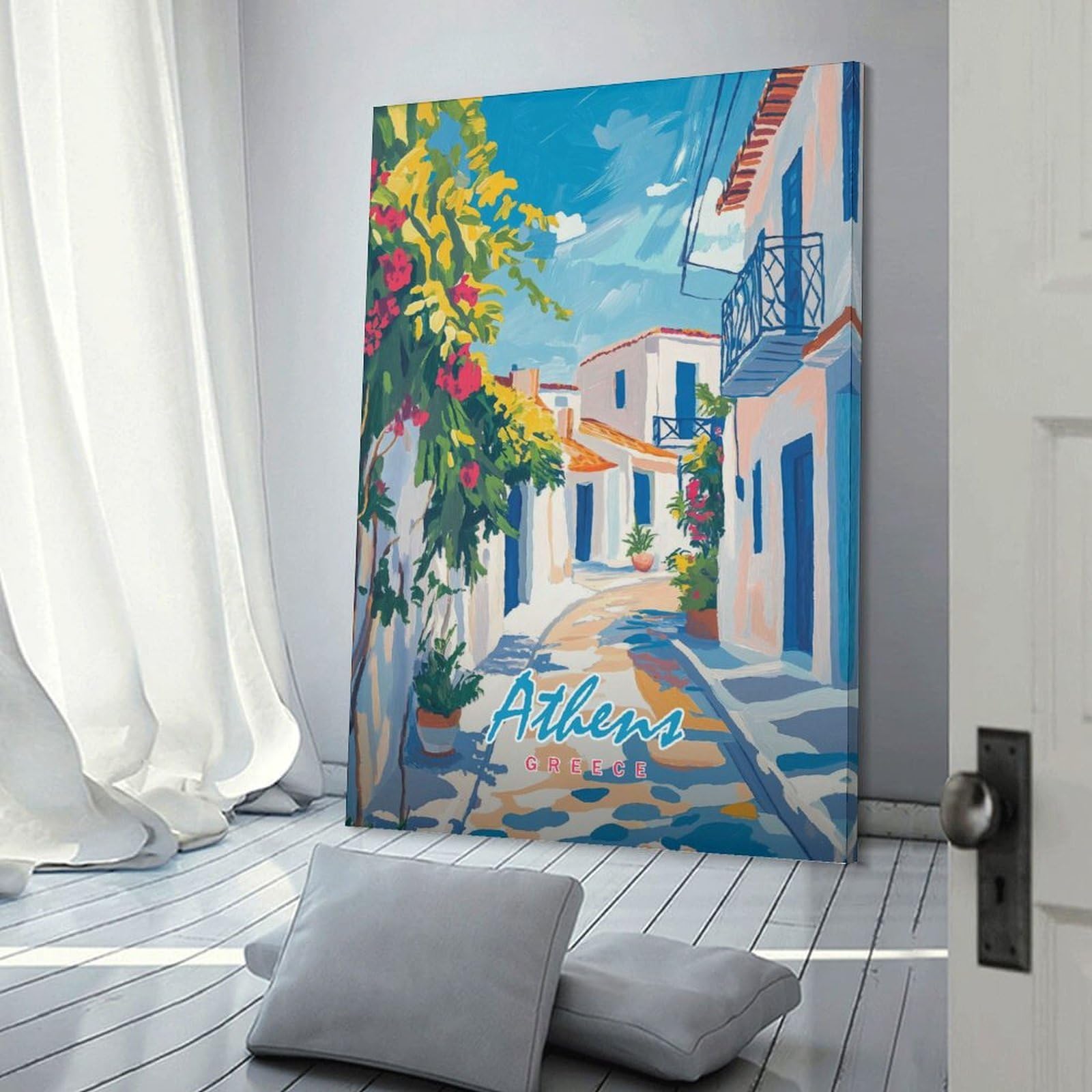 Junmoney Canvas Wall Decor Athens Greece Street Painting, 20x30inch(50x75cm), for Bedroom, Guest Room Or Reading Nook, Decorative Wall Art for Cosy Rooms