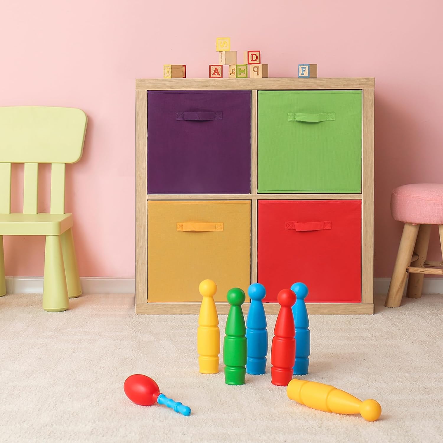Set of 4 Large Storage Cubes Boxes fits IKEA KALLAX UNITS Size 33 x 38 x 33cm Collapsible Bins Baskets Fabric Canvas Kids Toys Bedroom Home Organiser Multiple colours Home office (Primary colours)