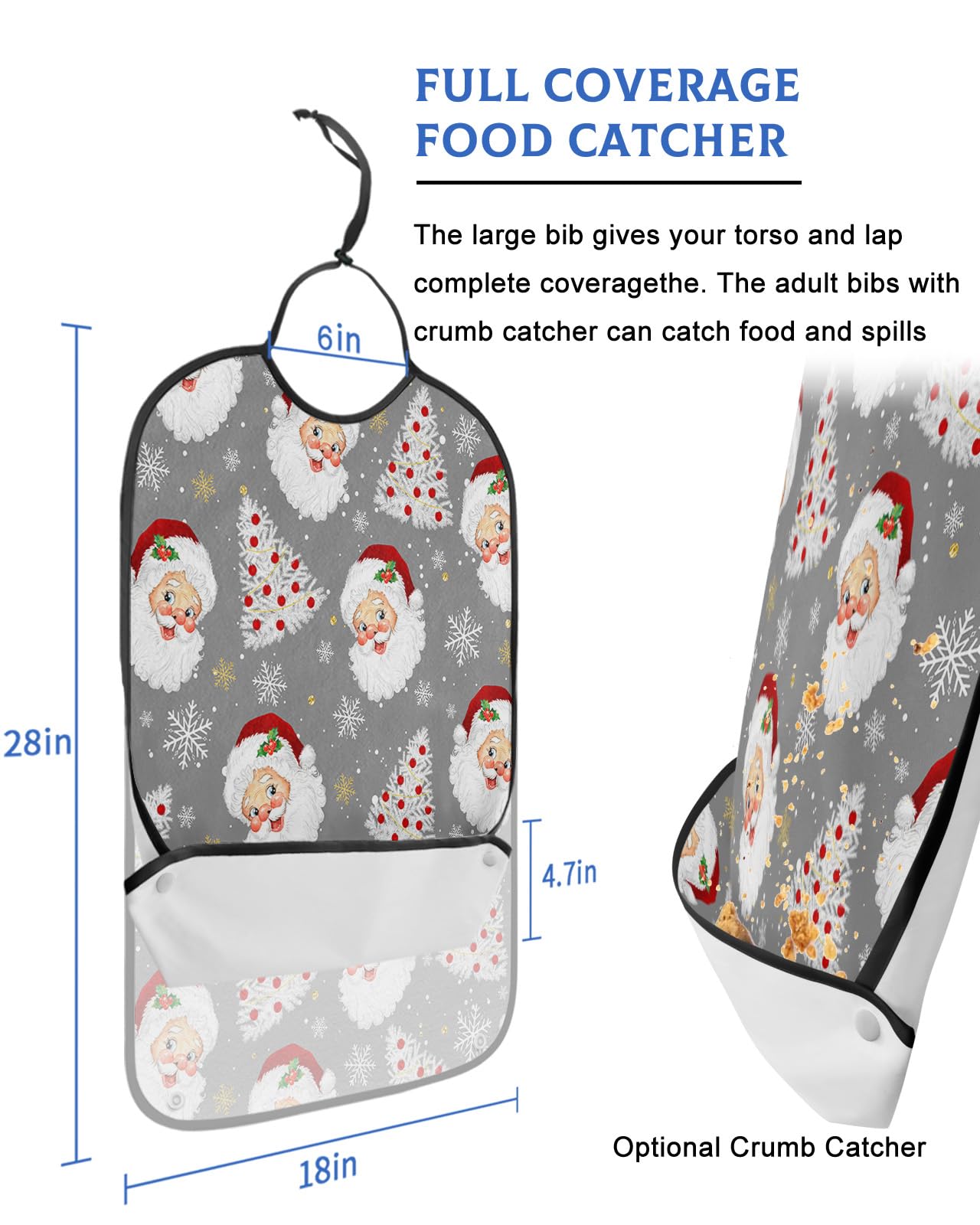 Adult Bibs for Elderly Women - Grey Santa Christmas Waterproof Dining Clothing Protectors with Crumb Catcher for Eating/Feeding, Gray Xmas Tree Winter Snowflake Terry Cloth Bib Machine Washable
