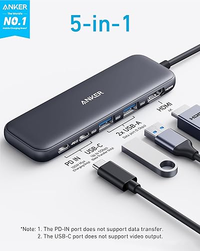 Miniatura 2 de Anker Hub USB C, divisor USBC a HDMI 5 en 1 con pantalla 4K, 1 puerto USB-C de 5 Gbps alimentado y 2 puertos de datos USB-A 3.0 de 5 Gbps para
