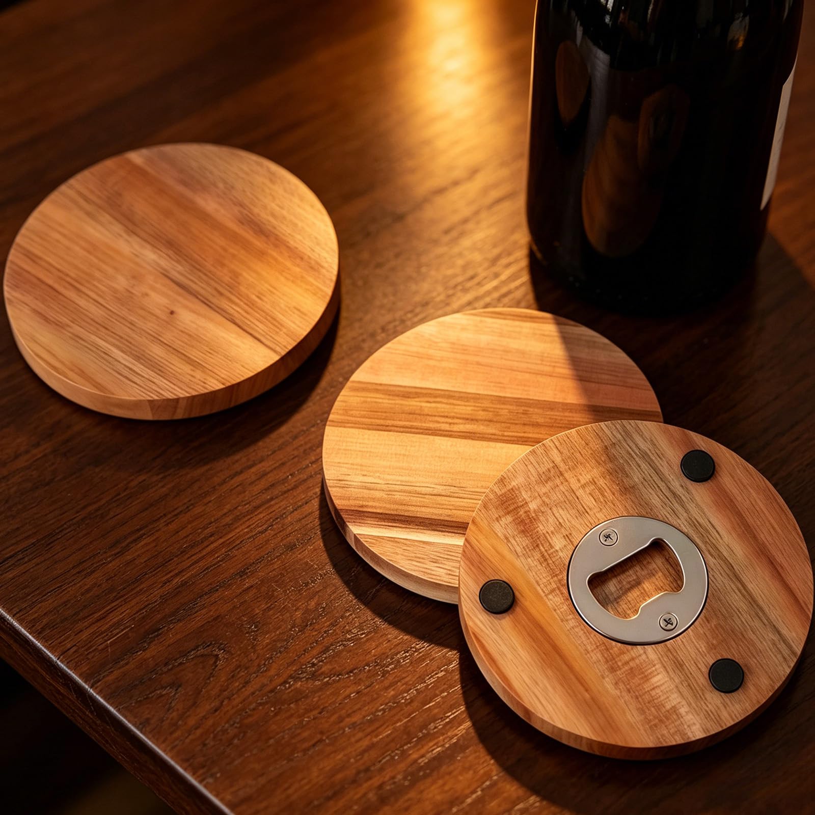 sous-Verres en Bois avec ouvre-Bouteille Rond avec, 8 Pack
