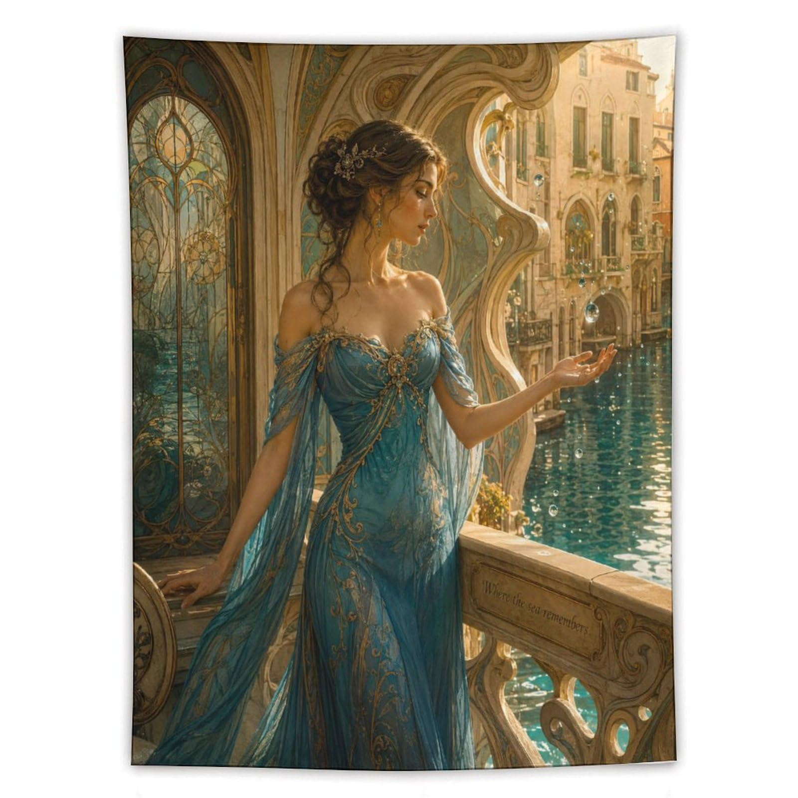 W7C8U2X3 Woman in Blue Dress Wall Tapestry, Oil Painting, Venice Balcony