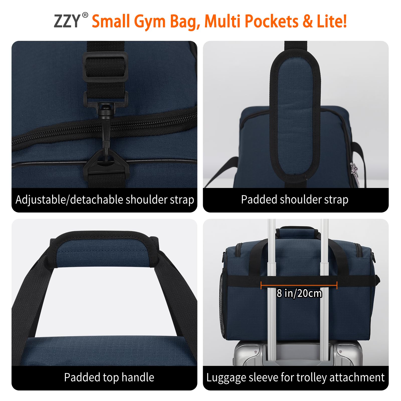 ZZY 20L Sporttasche Klein, Ryanair Handgepäck 40x30x20, Kleine Reisetasche, Trainingstasche Gym Bag & Weekender für Damen und Herren (Marineblau) - 5