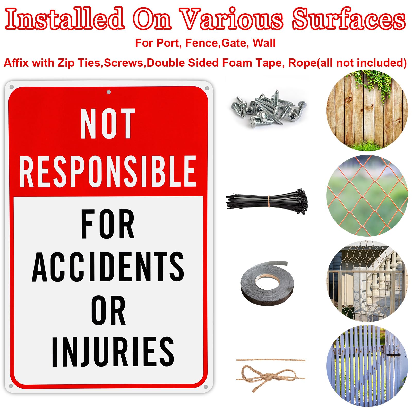 Confezione da 4 cartelli con scritta in inglese "Not Responsible for Accidents or Injuries", 30,5 x 20,3 cm, in alluminio, riflettenti, segnaletica di pericolo industriale per aree di costruzione