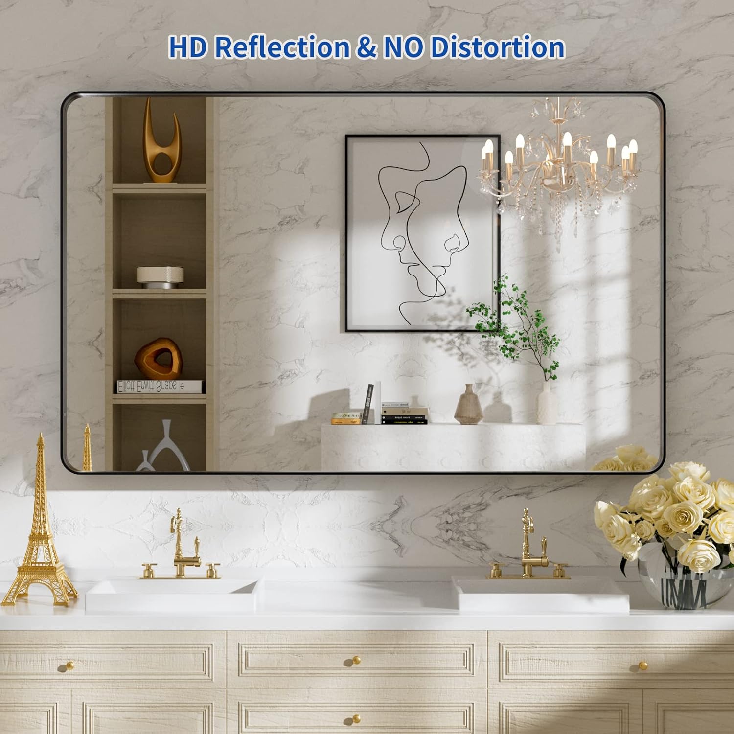 weer 48x30 inch black metal framed bathroom mirror, matte black bathroom vanity mirror, rectangular black wall mirror for bathroom, tempered glass, rounded corner, hangs horizontal or vertical black 48"l x 30"w