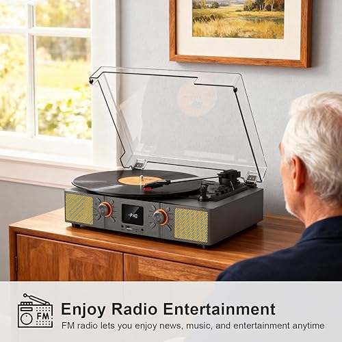 Miniatura 6 de Reproductor de discos de vinilo, tocadiscos Bluetooth de 3 velocidades con altavoces integrados, reproducción de LP accionada por correa, radio FM y