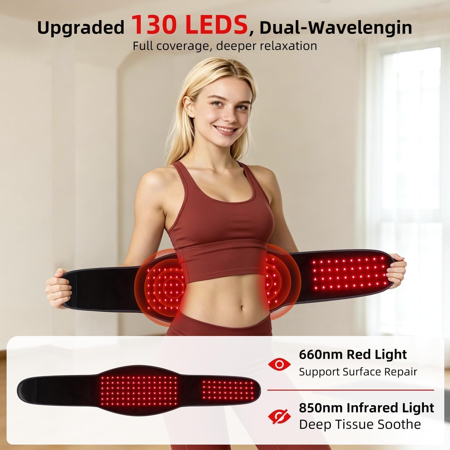 Red Light Therapy Belt, Cordless Warmth & Massage, Dual-Side 660nm & 850nm