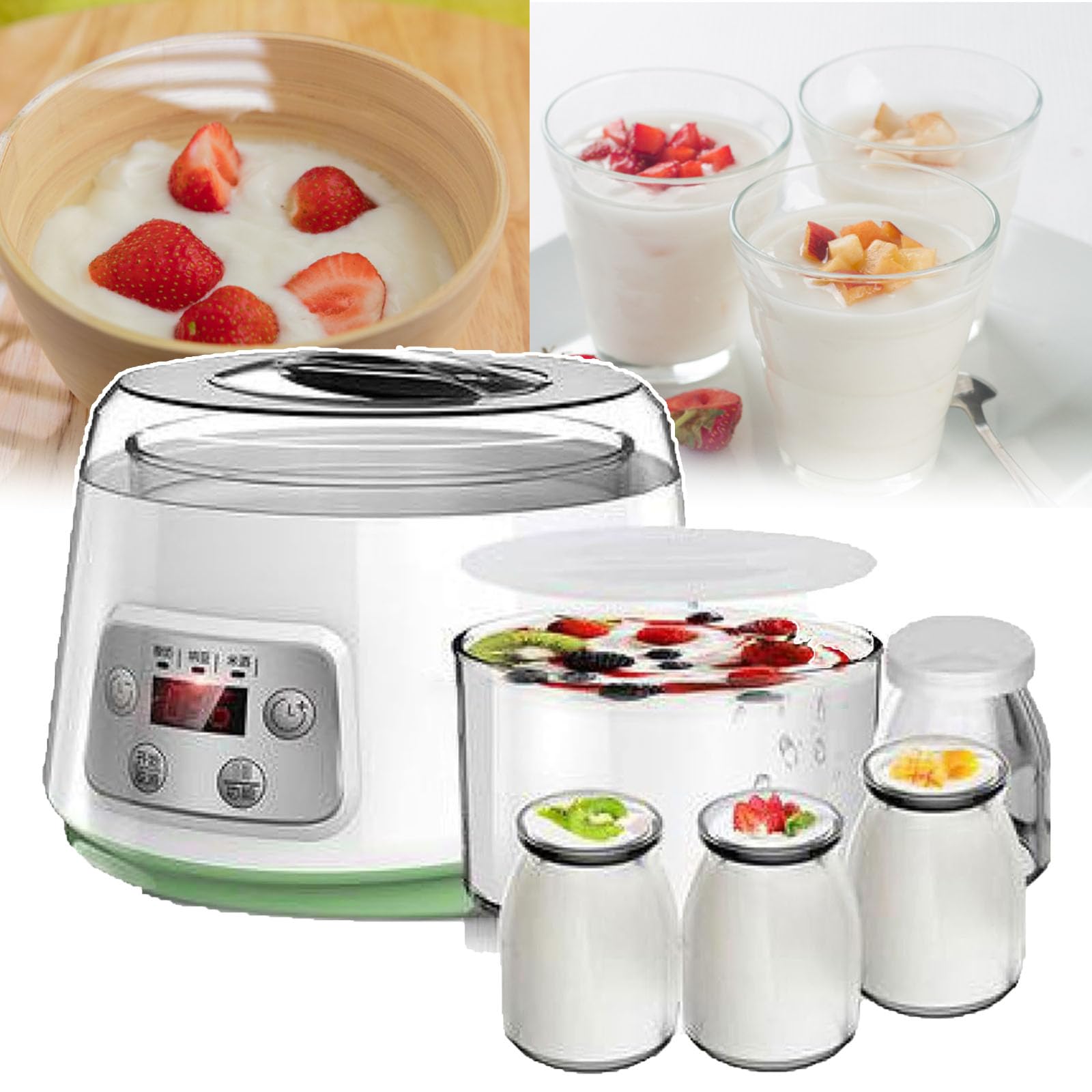 Yaourtière Électrique (1,3 L), 4 Pots En Verre De 100 Ml, Écran LCD/interrupteur Tactile, Temps Réglable/arrêt Automatique, Nettoyage Facile, Pour Yaourt/natto,A
