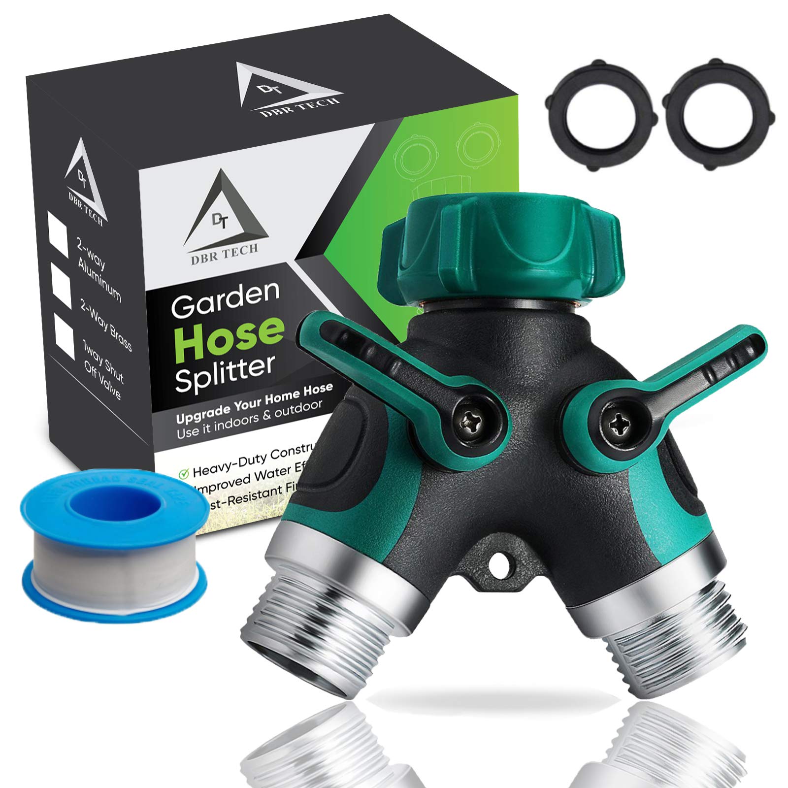 Hose Splitter 2 Way, Heavy Duty Metal Connector, Two Way Garden Hose Splitter, High Flow Spigot Faucet Bib Adapter, Solid Double Y Shut Off Valve for Outdoor Gardening Hoses, Green