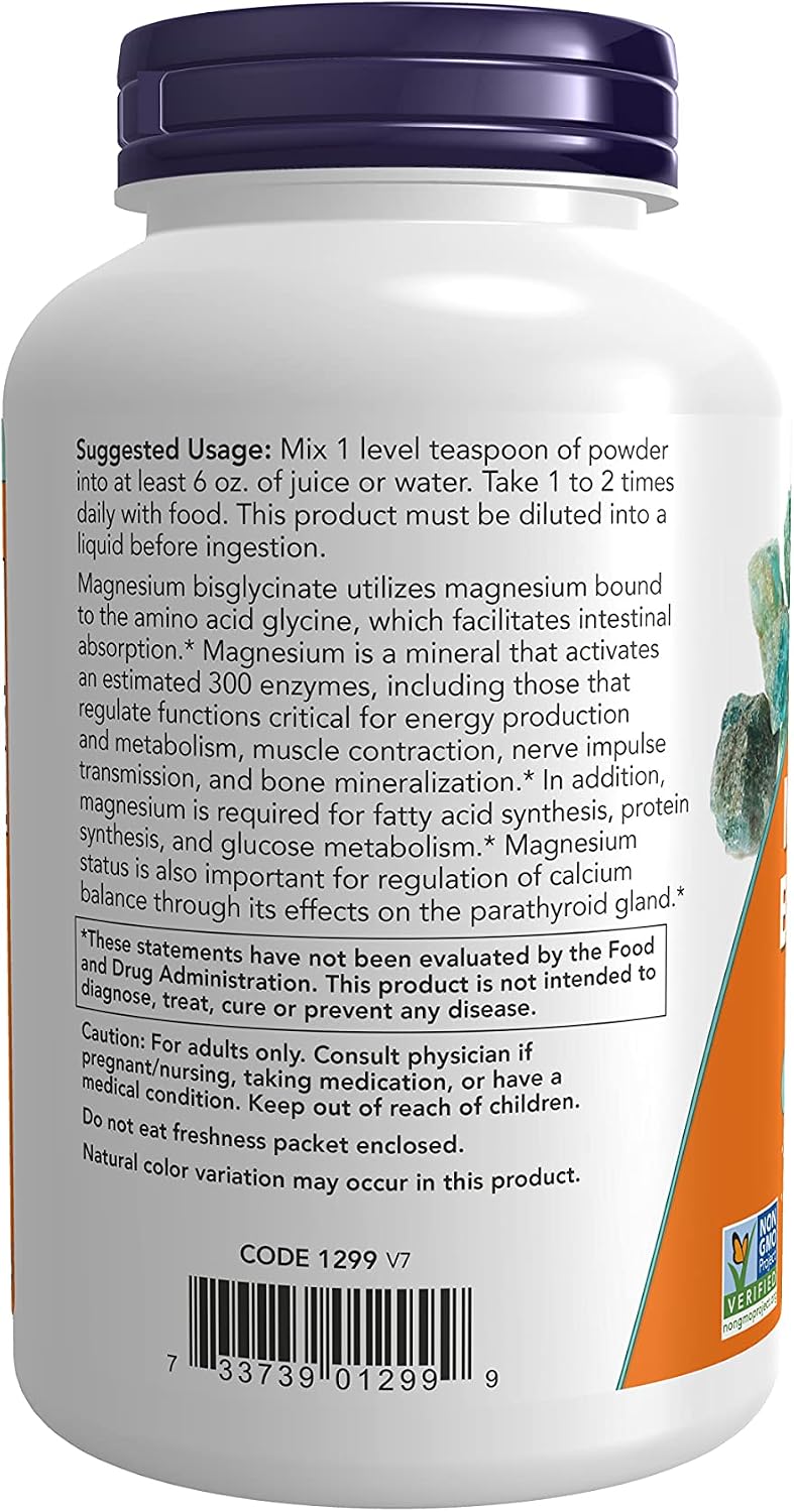 NOW Supplements, Magnesium Bisglycinate Powder, Enzyme Function*, Nervous System Support*, 8-Ounce
