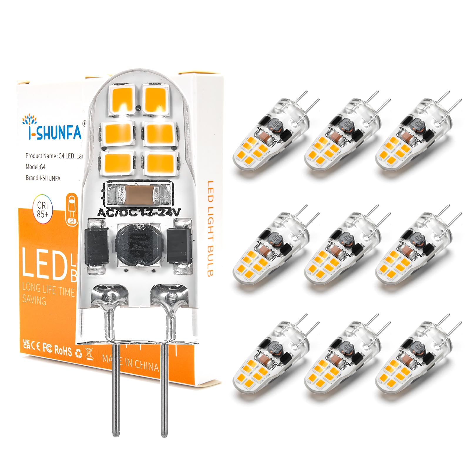 I-SHUNFA G4 LED Lampen 1.2W Dimmbar AC/DC 12-24V Warmweiß 3000K Mini LED Birne Leuchtmittel Ersatz 10W-15W G4 Halogen Glühbirne für Küche,Dunstabzugshaube,Büro (10er Pack)