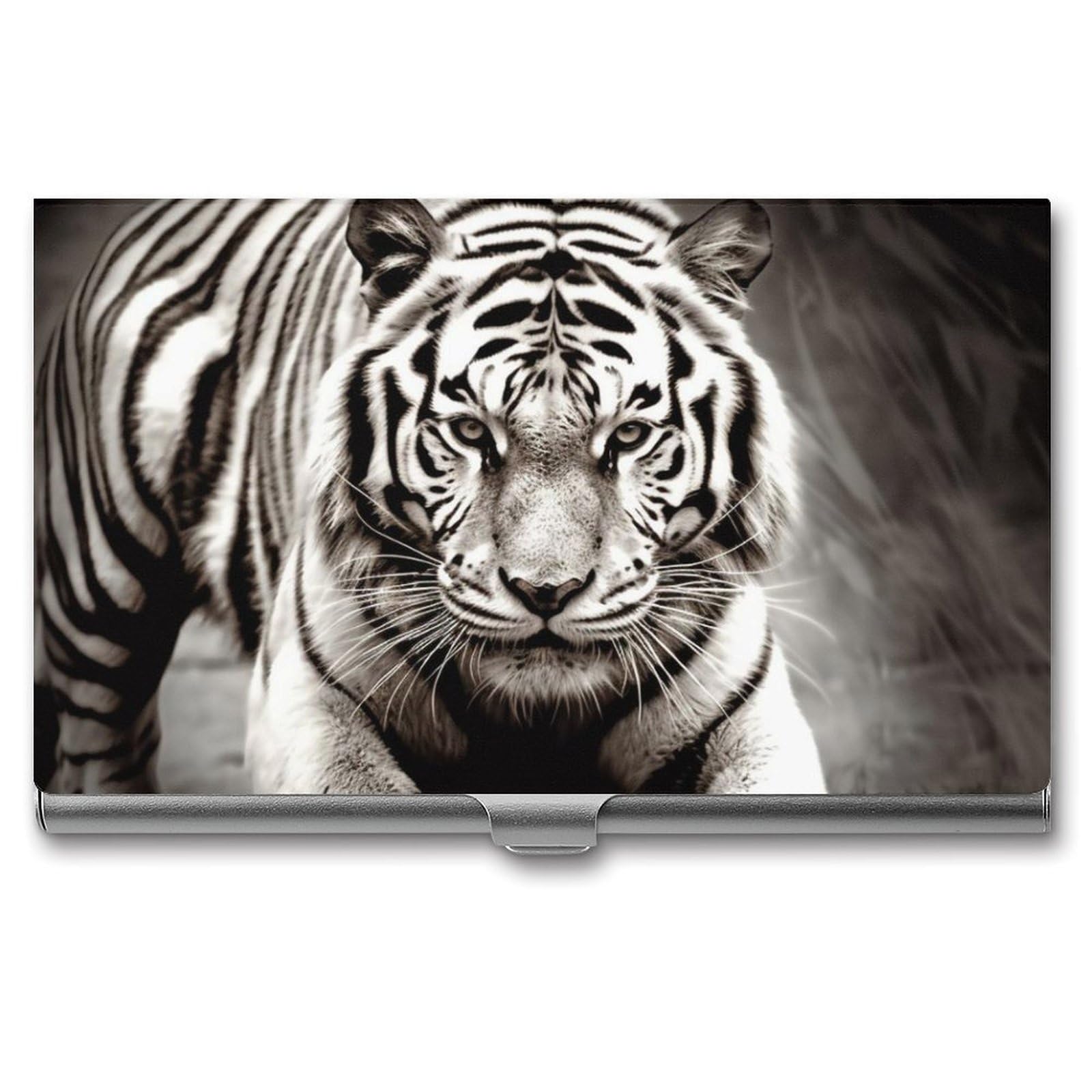 BTCOWZRV Black And White Tiger Business Card Holder Metal Slim Business Card Case, Pocket Card Holder for Men Women Purse Name Card Holder Stainless Steel Wallet Credit ID Case for Office