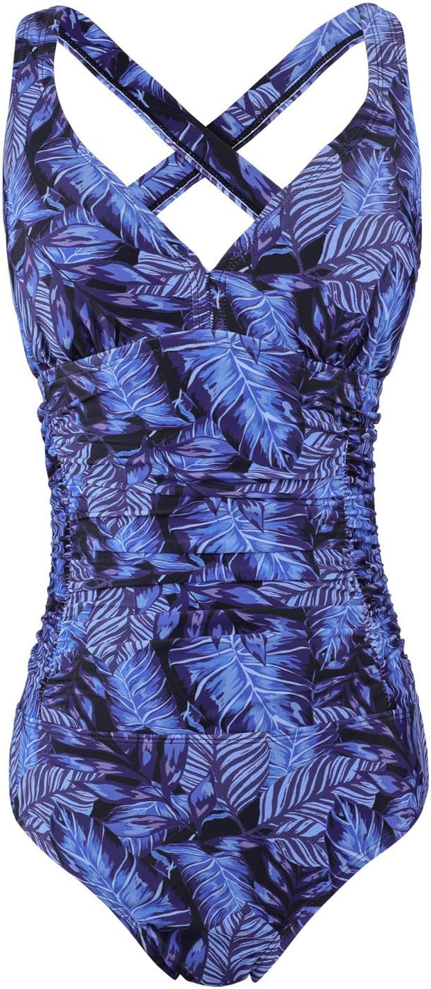 F FLYRONGWomen's Swimming Costume Ruched Tummy Control Swimwear V Neck One Piece Cross Strap Swimsuit, UK 12-14, Black