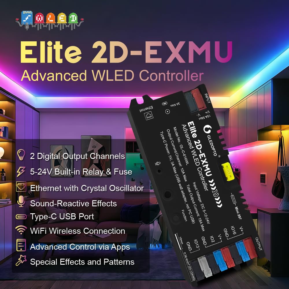 Elite ESP32 WLED kontroler taśmy LED z Ethernetem, muzyką, reaktywnym na dźwięk, UART, oszczędnością energii, przekaźnikiem 20A, wtykową bezpiecznikiem, dynamicznym DIY dla WS2811 WS2812 SK6812 WS2815