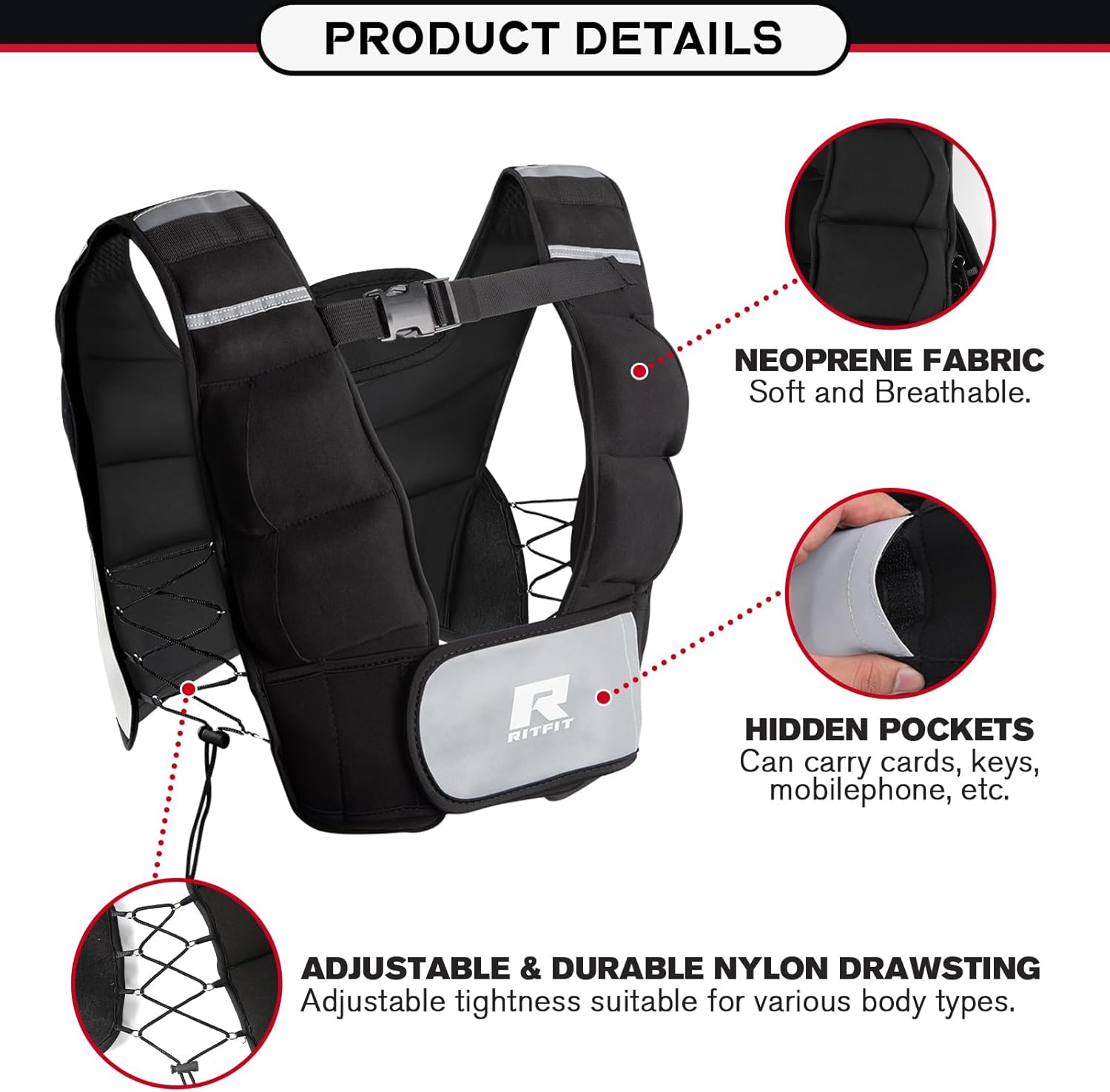 RitFit Weighted Vest, 4lb/8lb/10lb/12lb/15lb/20lb Weight Vest with Reflective Stripes, Weight Vest Adjustable for Women and Men Workout, Strength Training, Running, Fitness, Jogging, Walking