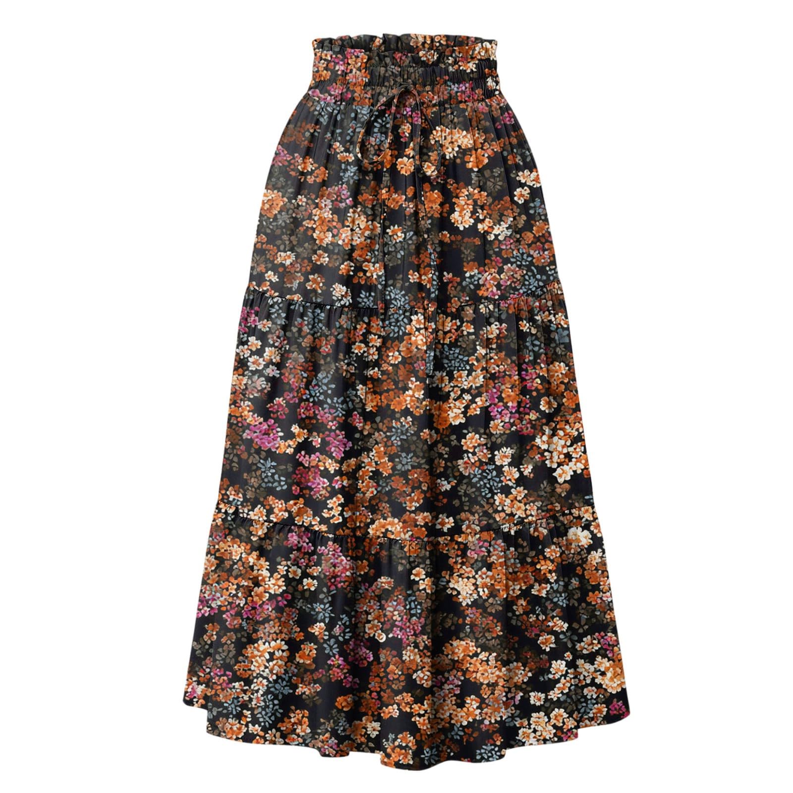 Women's Skirts UK Boho Maxi Dress for Women Tiered Ruffle Skirt Floral Print Skirts with Drawstring Loose Fit High Elastic Waist A-Line Beach Holiday Holiday Season