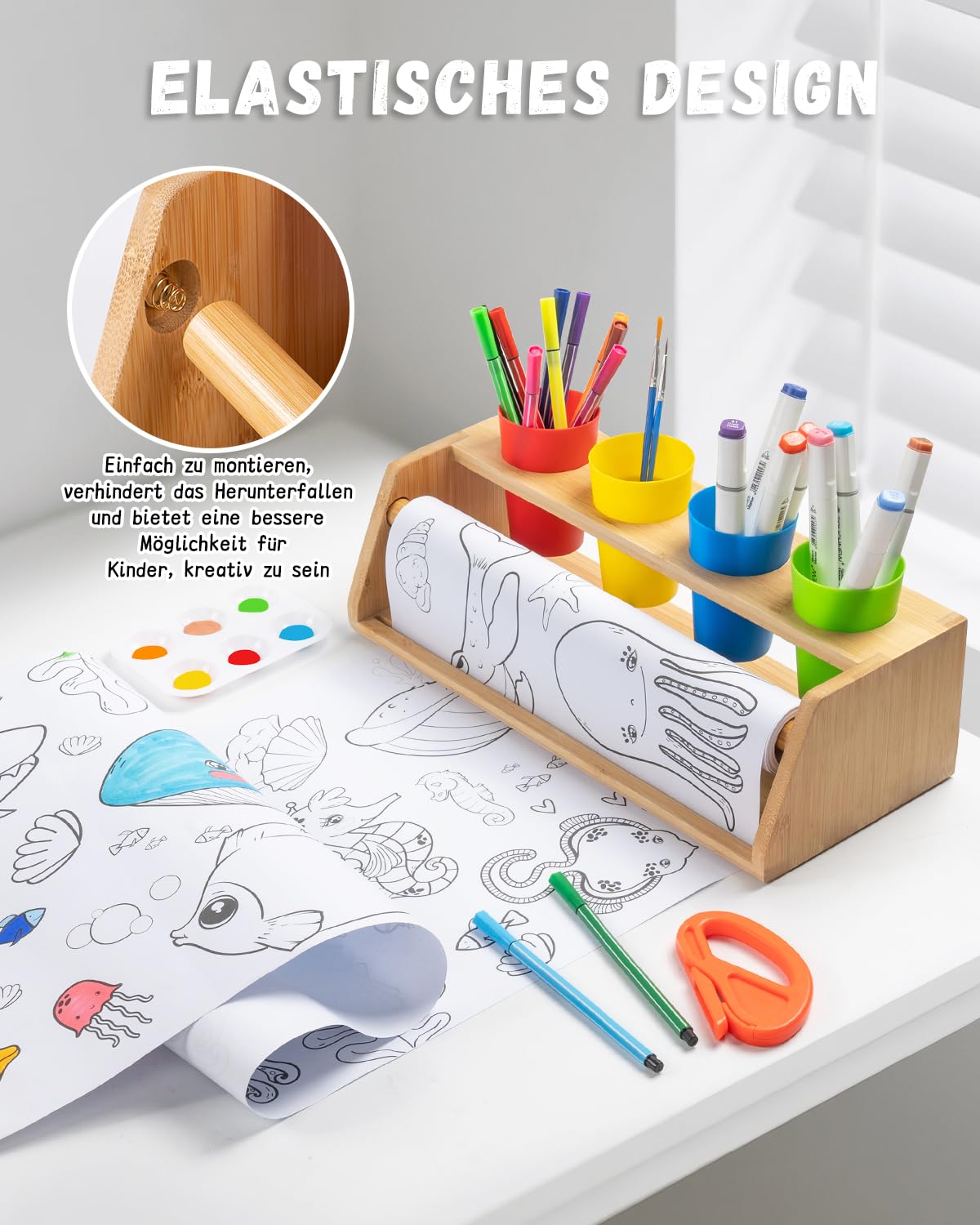 Tisch Malpapier Kinder Maltischdecke mit Holzhalter – Rutschfestes Kreativ-Set mit Farben, Pinseln & Papierrolle Malen Kinder – 35-teilig – Fördert Selbstständigkeit in Schule & Zuhause