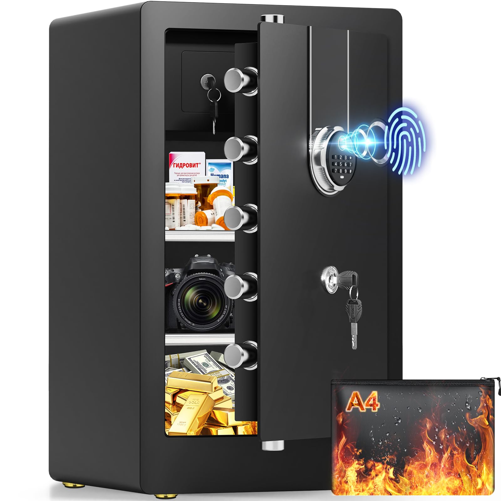 5.3 Cuft Extra Large Biometric Safe for Home Use Fire and Water Proof, [SEPARATE LOCK BOX] Anti-Theft Biometric Fingerprint Safe Security Box with Fireproof Waterproof Document Money Bag