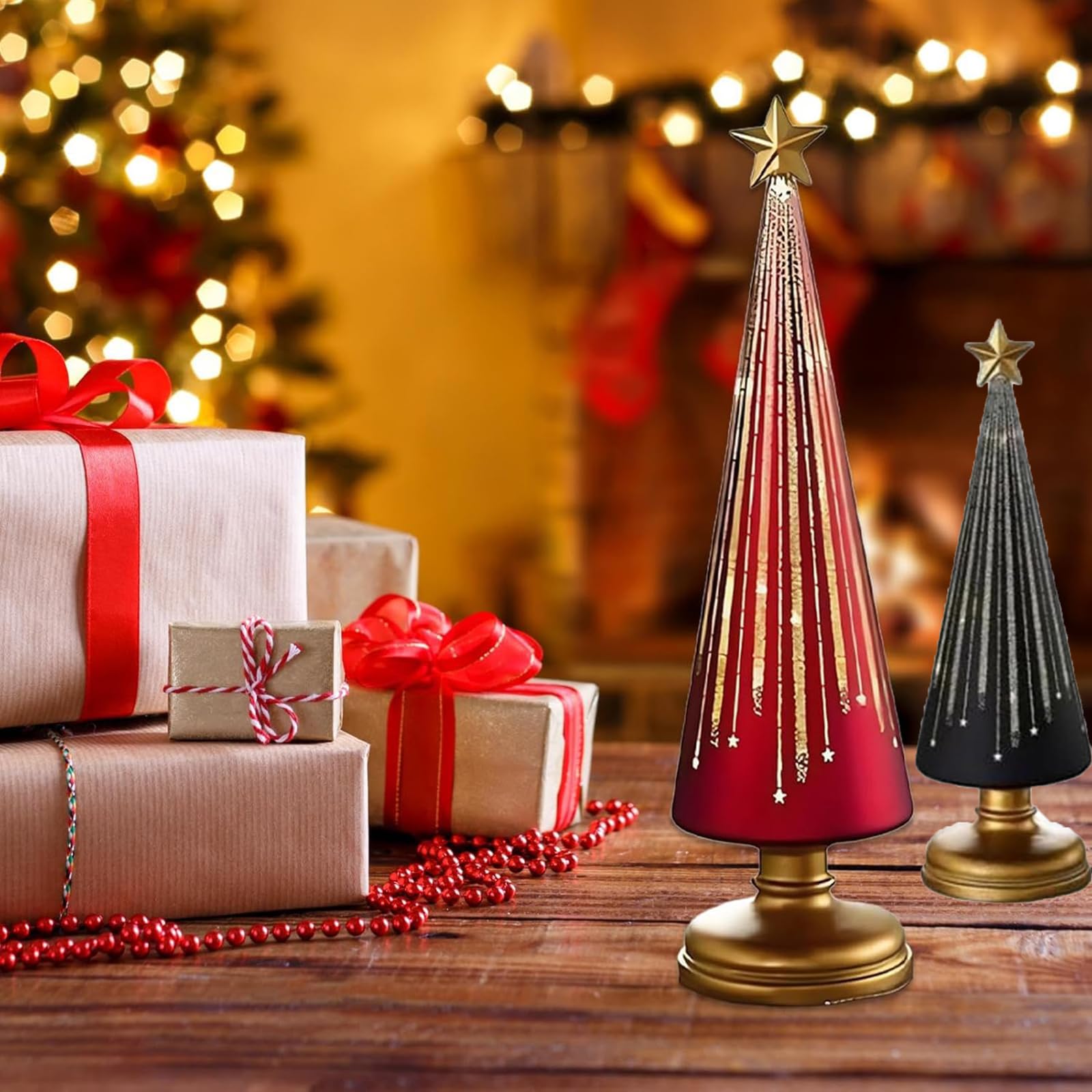 Timer Lighted Sparkling Starry Night Glass Trees,3 Stück Starry Night Bäume,Gradient Glass Weihnachtsbaum Mit LED-Licht,Festliche Lebkuchen-Design Dekoration Für Resin-Weihnachtsanhänger-Black||3pcs
