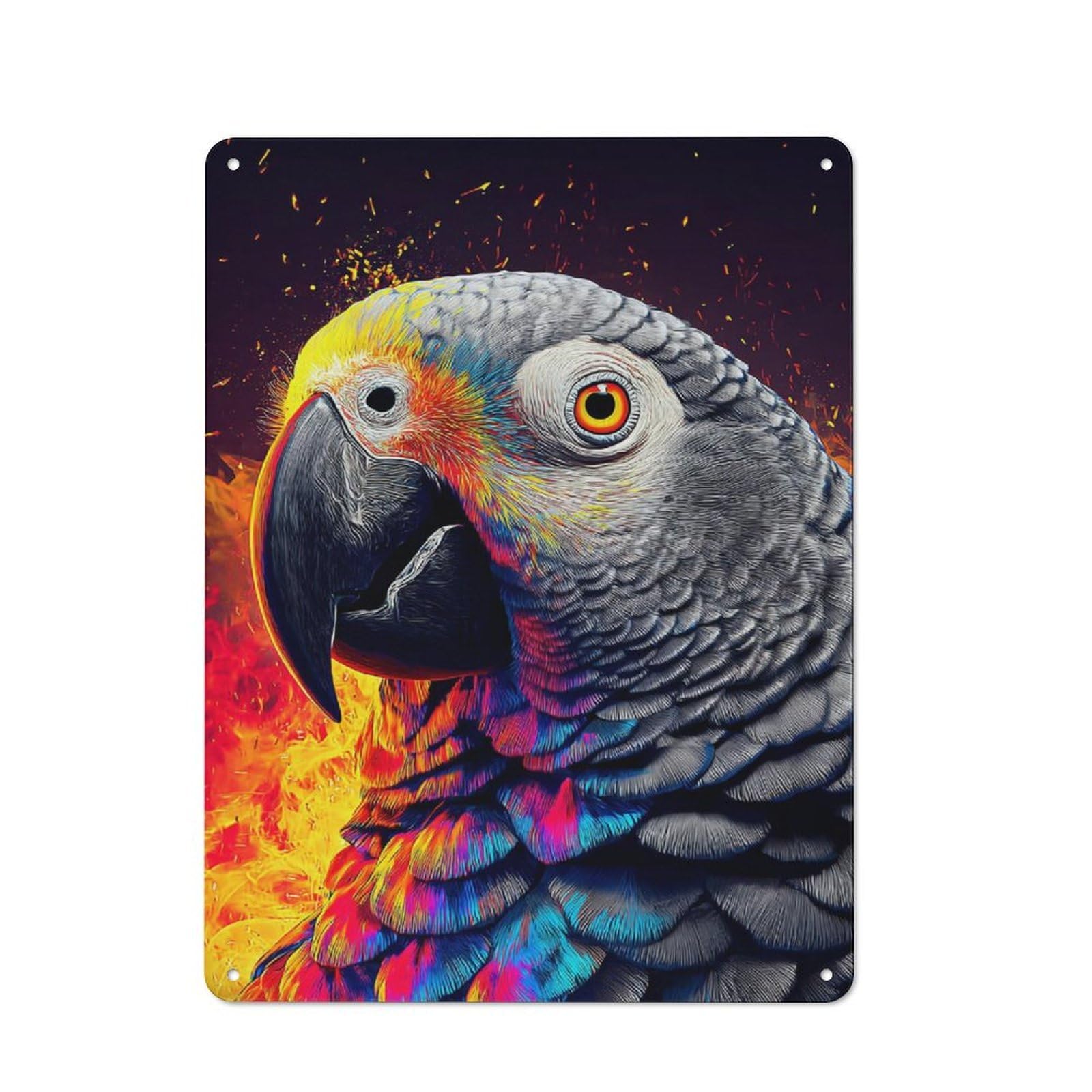Junmoney Colorful Parrot In Flames -1 Tin Wall Plaque 40X30cm With For Hallway Wall, With Clear Retro Wall Decor Character