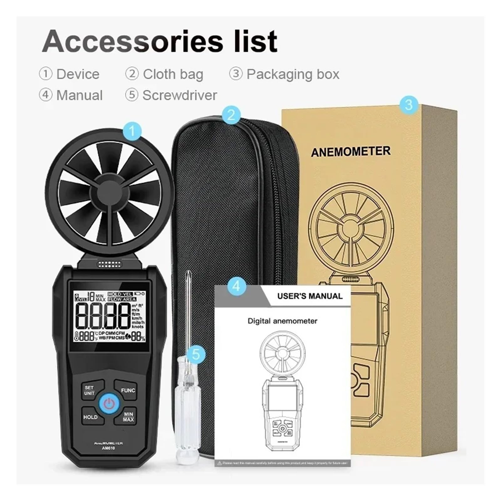 AM610 Digital LCD Windgeschwindigkeit Anemometer Windmesser Luftgeschwindigkeitstester Windrichtungsgeschwindigkeitsmesser Windgeschwindigkeitsdetektor