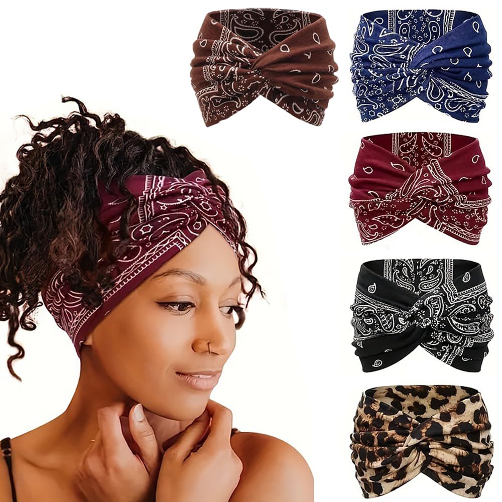 XVYLFZNP 5pcs Painted Cross Yoga Headband For Women Elastic Knotted Headbands Wide Non Slip Sports Head Wrap Boho Hair Accessories-image-42