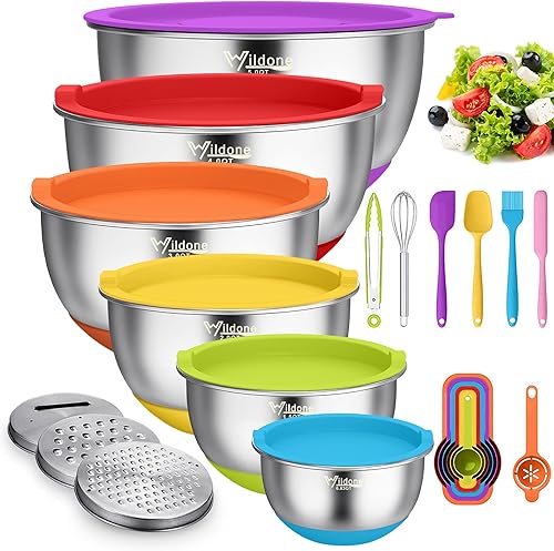Miniatura 8 de Wildone - cuencos para mezclar con tapas herméticas, 22 cuencos de metal de acero inoxidable, 3 accesorios de rallador, marcas de medición y parte